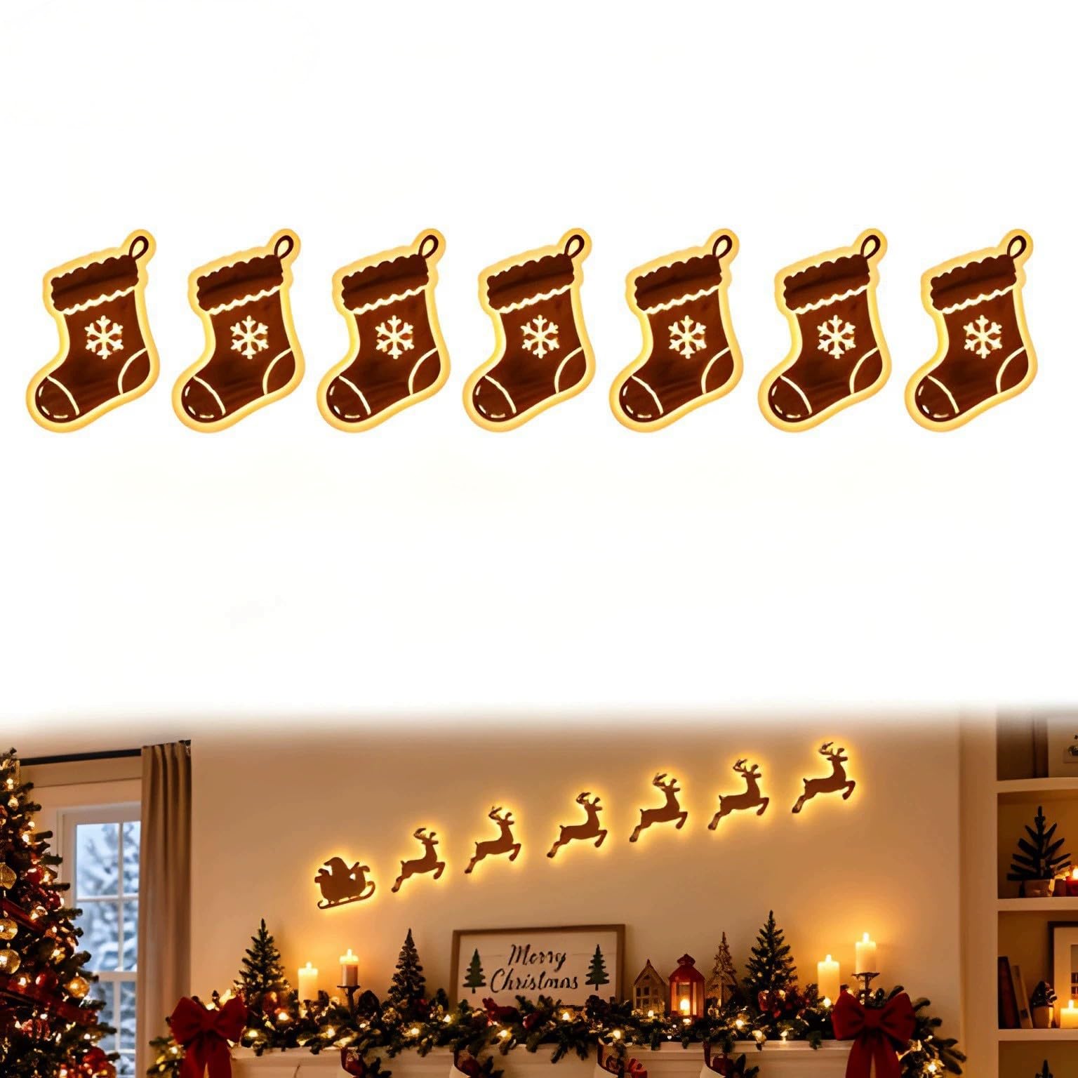 Lighted Santa Sleigh Reindeer Christmas Wall Decor with Remote, Warm White Wall Display with Santa Sleigh, 6 Reindeer and Forest Village Scene, for Indoor Christmas Decorating (02-7 pcs)