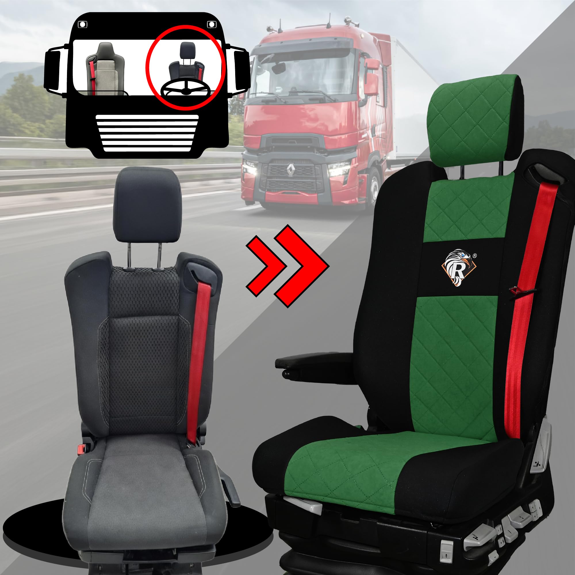 SABA Coprisedile per Gamma Renault T dal 2014, sedile conducente con poggiatesta, sedile passeggero, 2 cinture di sicurezza Verde Accessori di Protezione per Sedili di Camion