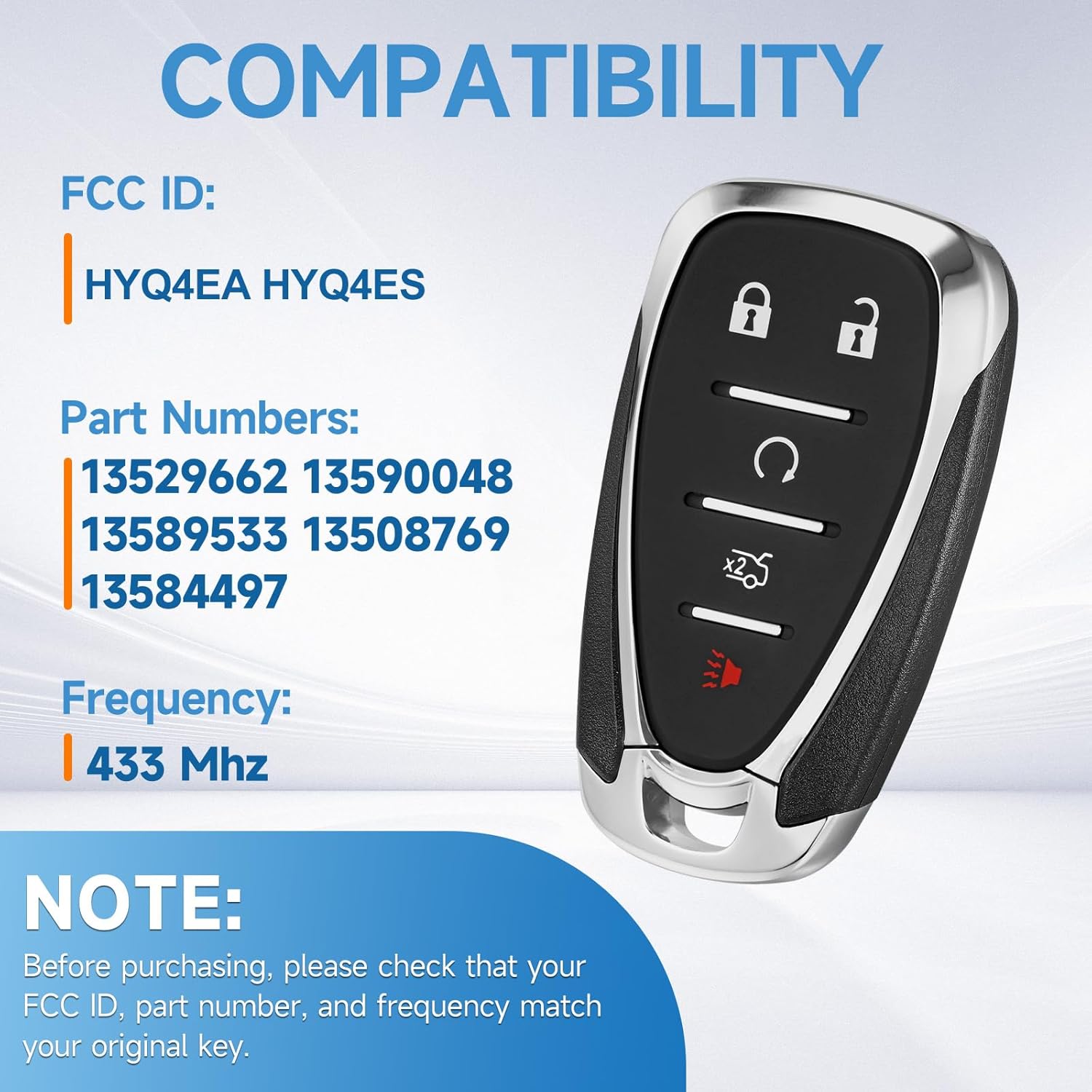 Smart Proximity Key Fob Replacement Fits for Chevy Malibu Camaro 2016 2017 2018 2019 2020 2021 2022 2023 2024 2025 Cruze 2016-2019 Keyless Entry Remote 433 Mhz HYQ4EA HYQ4ES