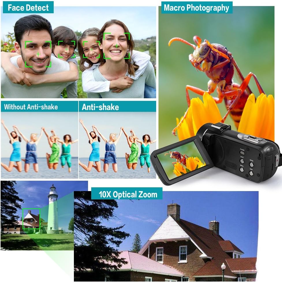 Examples of Face Detect, Anti-shake, Macro Photography, and 10X Optical Zoom features of the camcorder.