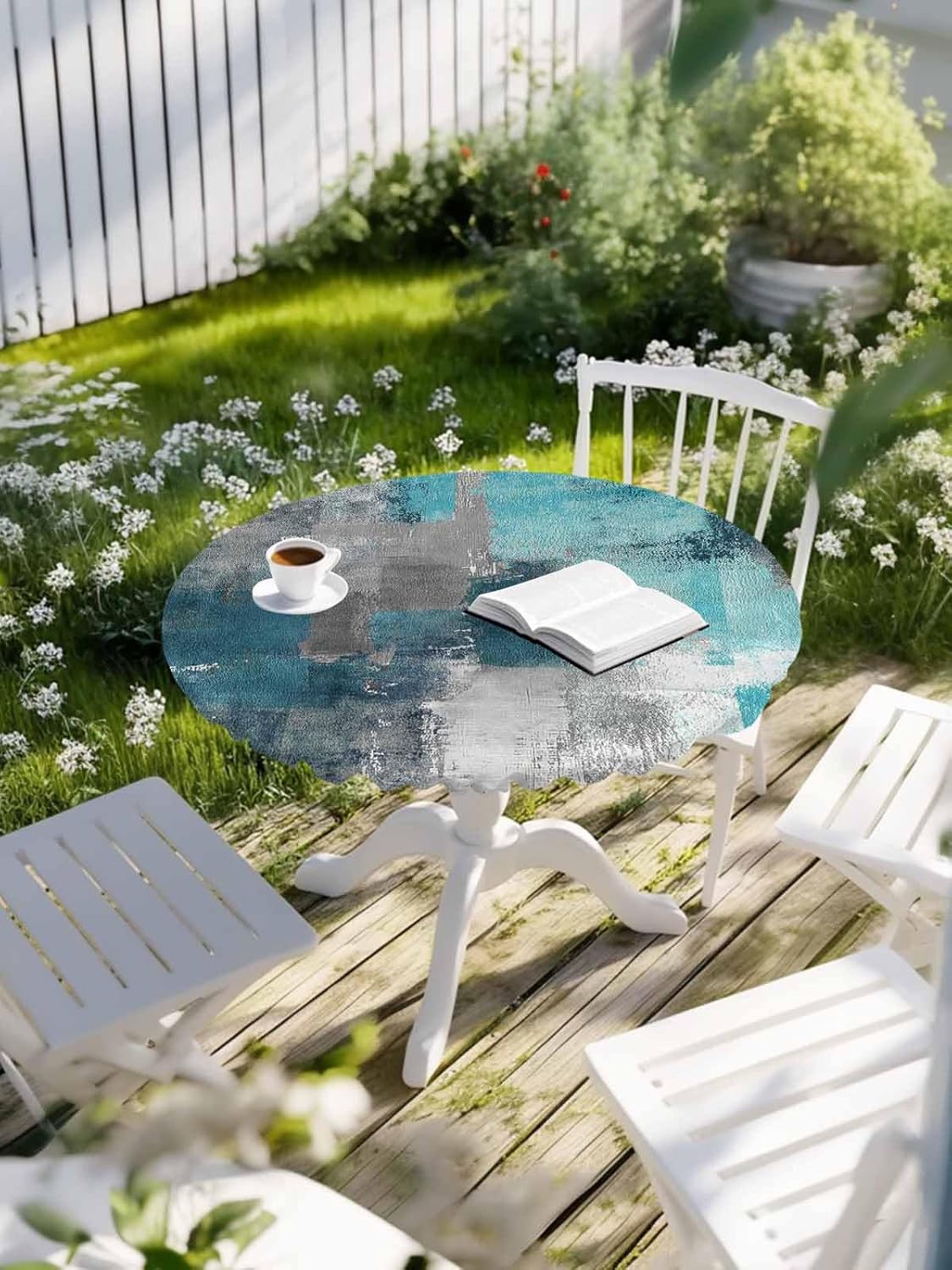 Round Fitted Tablecloth with Elastic Teal Gray Block Tablecloths Abstract Art Table Cover for Kitchen Dinner Party Picnic BBQ Garden Patio Home Decor Fits Tables up to 36"- 44" Diameter