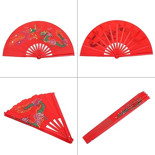 Miniatura 8 de Ventilador de lucha, ventilador chino de Kung Fu Tai Chi, ventilador plegable de mano rojo, ventilador de lucha de artes marciales, danza de bambú,