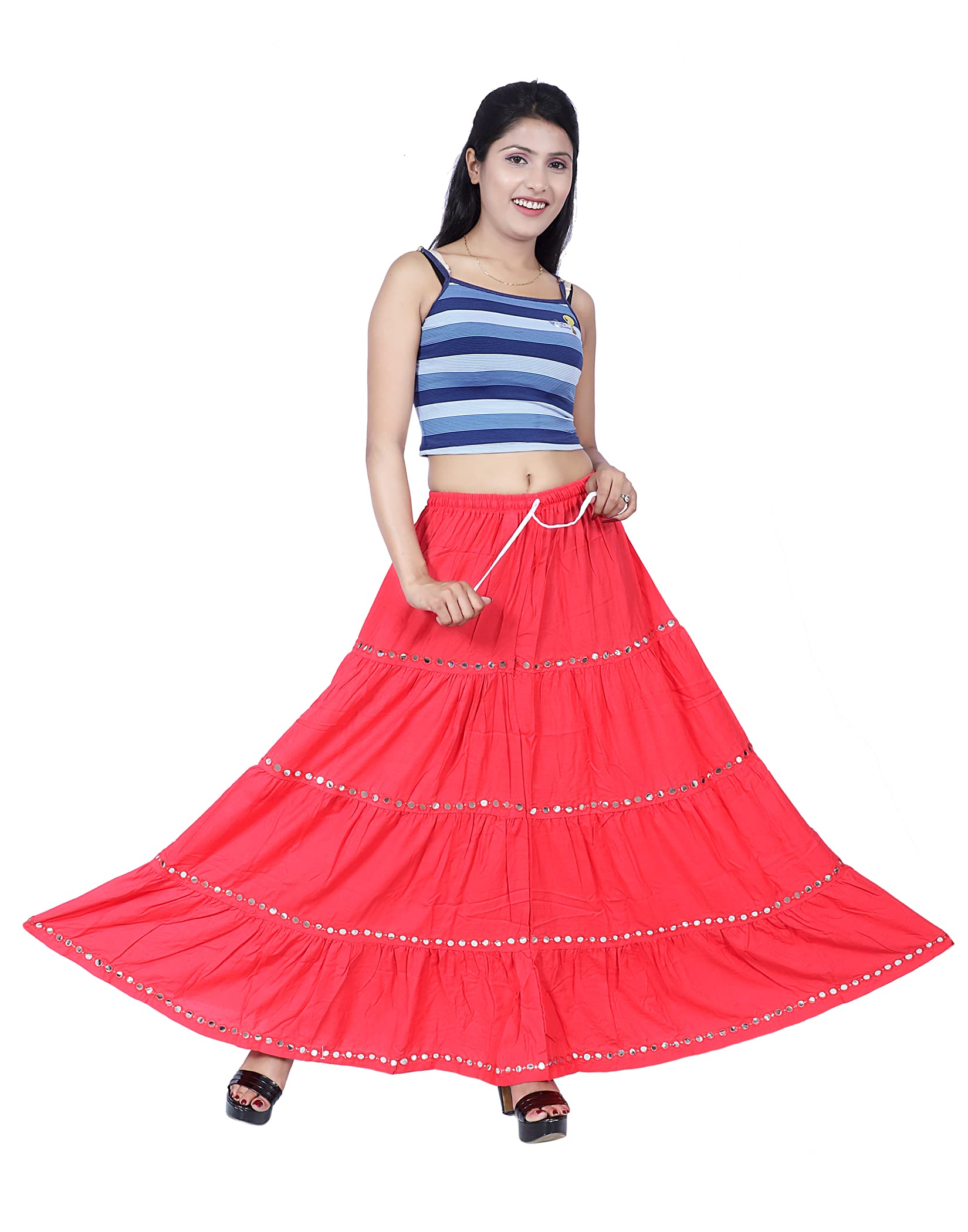 sonia collection reyon Cotton Plastic Mirror Thread embroedary Flared Long Maxi Skirt for Girls/Womens/Ladies