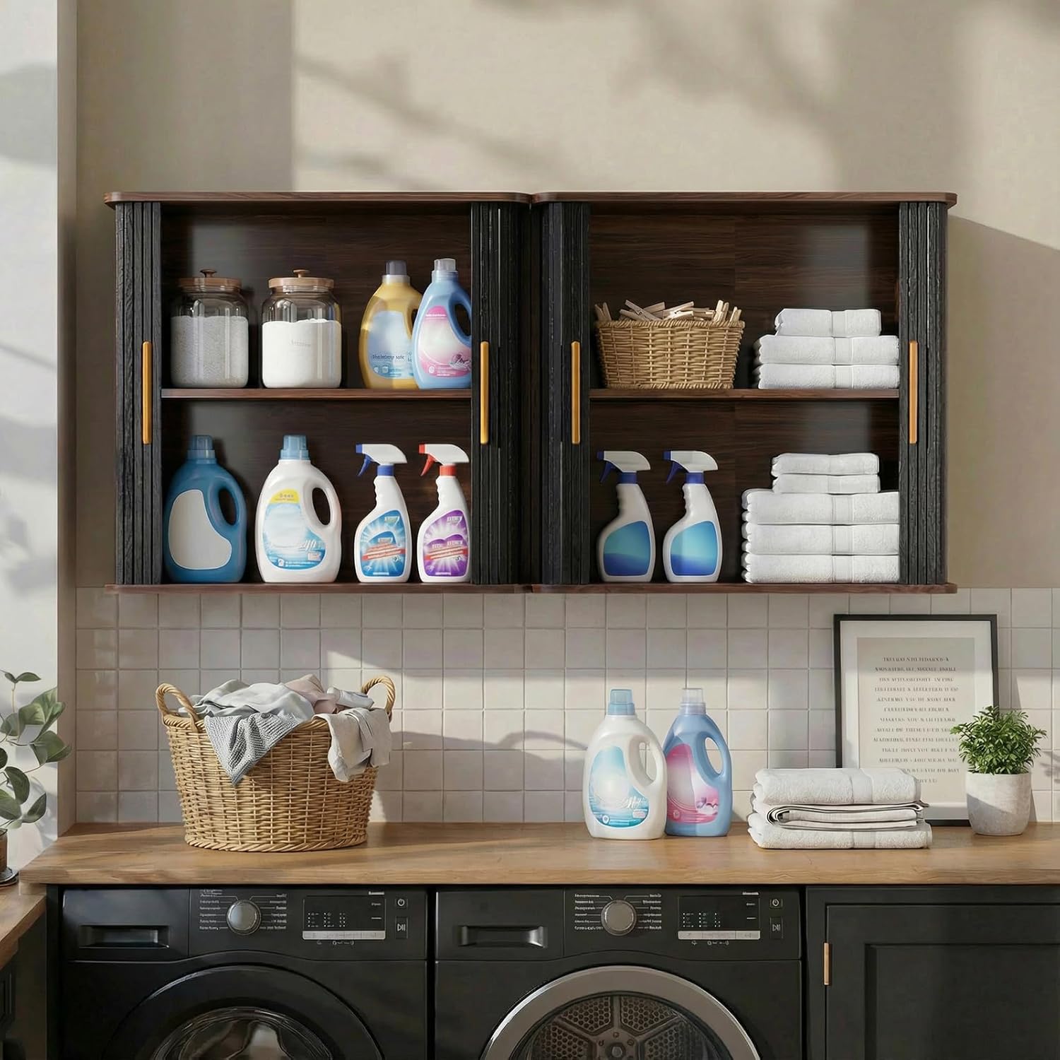 60" W Laundry Room Wall Cabinet with Fluted Sliding Door, Bathroom Medicine Cabinet with Adjustable Shelf, Wall Mounted Storage Cabinet for Living Room Kitchen, Black