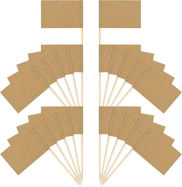 100 Pcs Blank Toothpick Flags Cocktail Sticks Flags Kraft Paper Food Labels Food Flags Cheese Labels Wood Blank Flags Sticks Cake Toppers for Cupcakes Buffet Fruit Salad Food Supplies,3.5 * 2.5cm