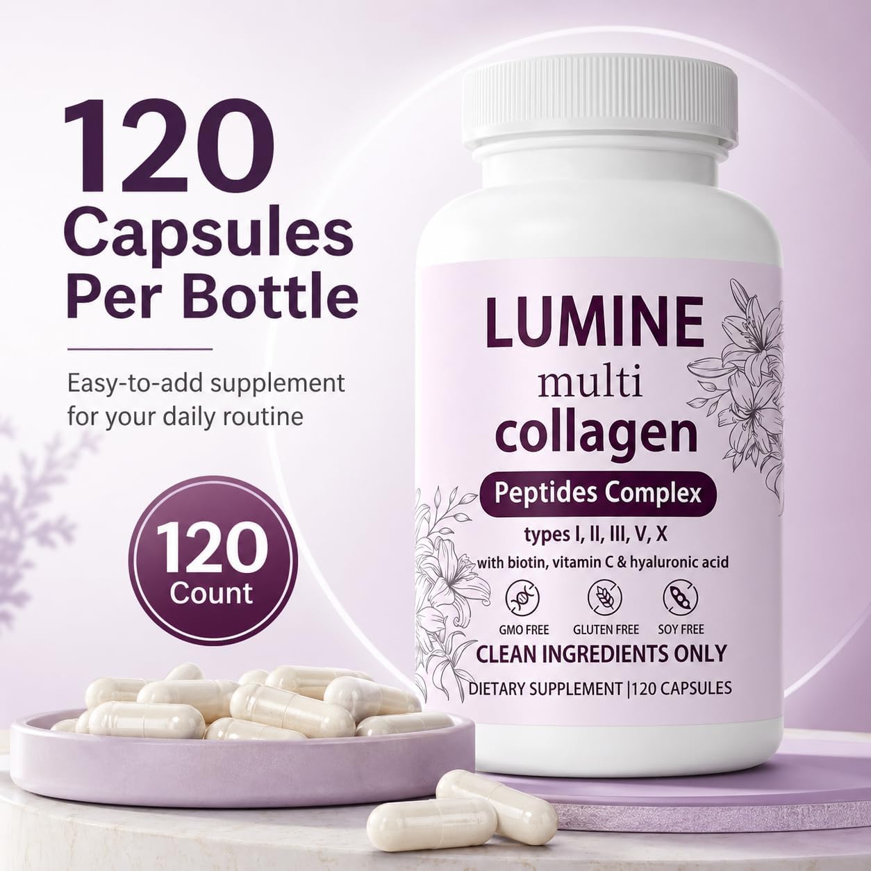 LUMINE Multi Collagen,Hydrolyzed Collagen Peptides,with Biotin,Hyaluronic Acid Powder,Vitamin C,Type I,II,III,V,X 120 Capsules