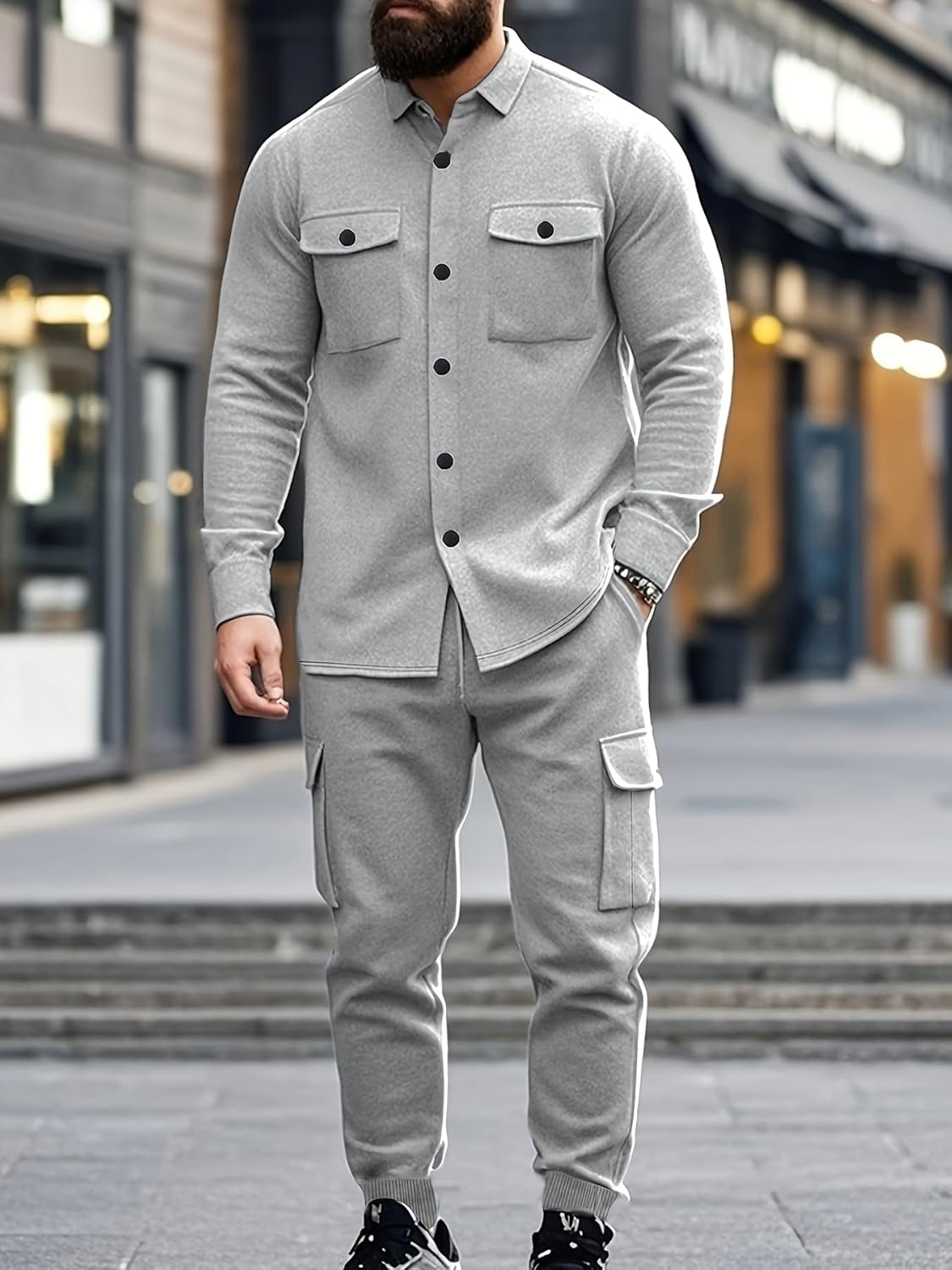 Men's Fleece Cargo Jacket Tracksuit Set 2 Pieces Solid Color Long Sleeve Button up Jacket and Cargo Pants Set - Image 4