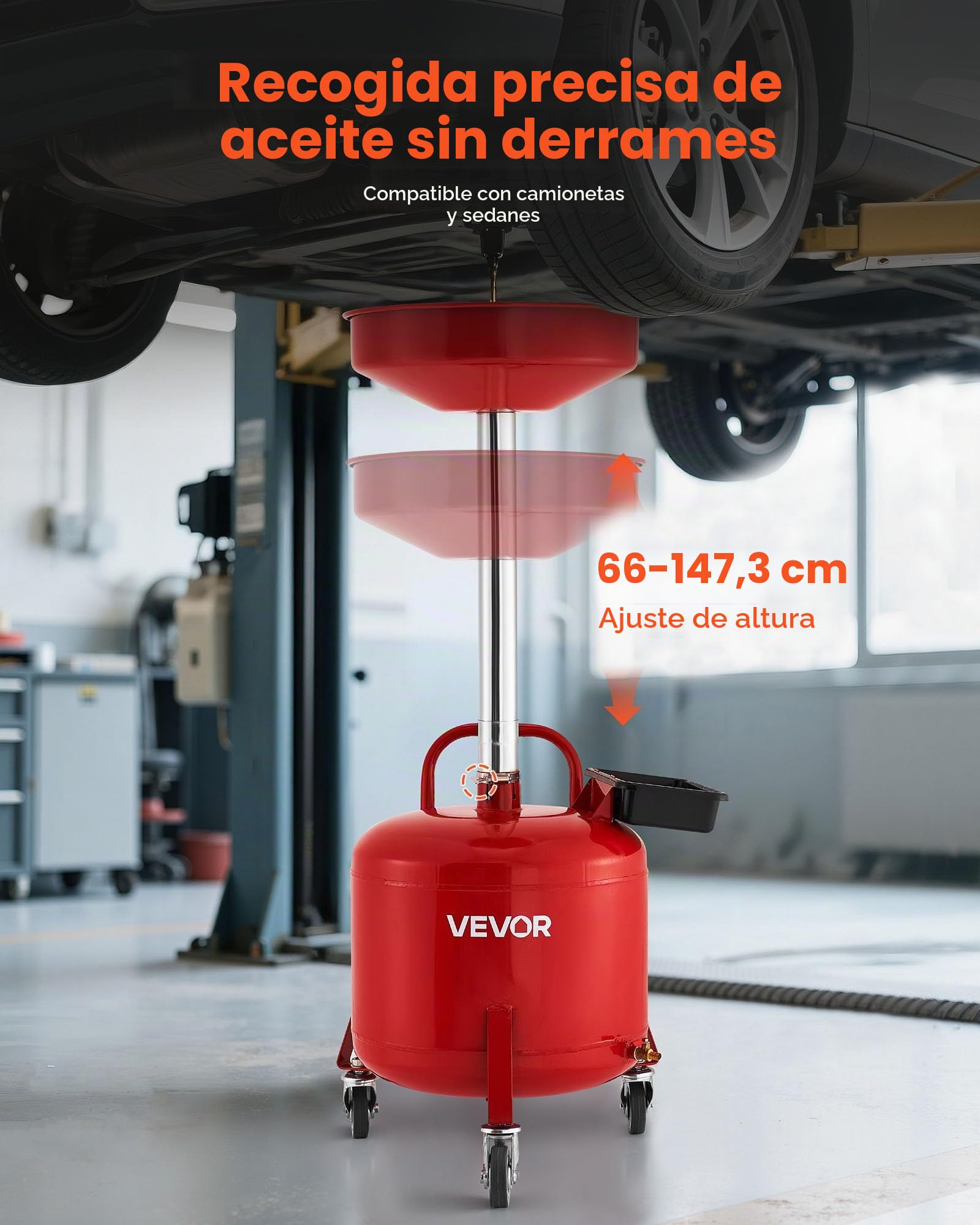 VEVOR Tanque de Drenaje de Aceite Usado, Drenaje de Aceite Manual Portátil 30 L con Embudo Ajustable, Ruedas, Caja de Herramientas, Drenador de Combustible para Taller de Reparación de Coches, Rojo