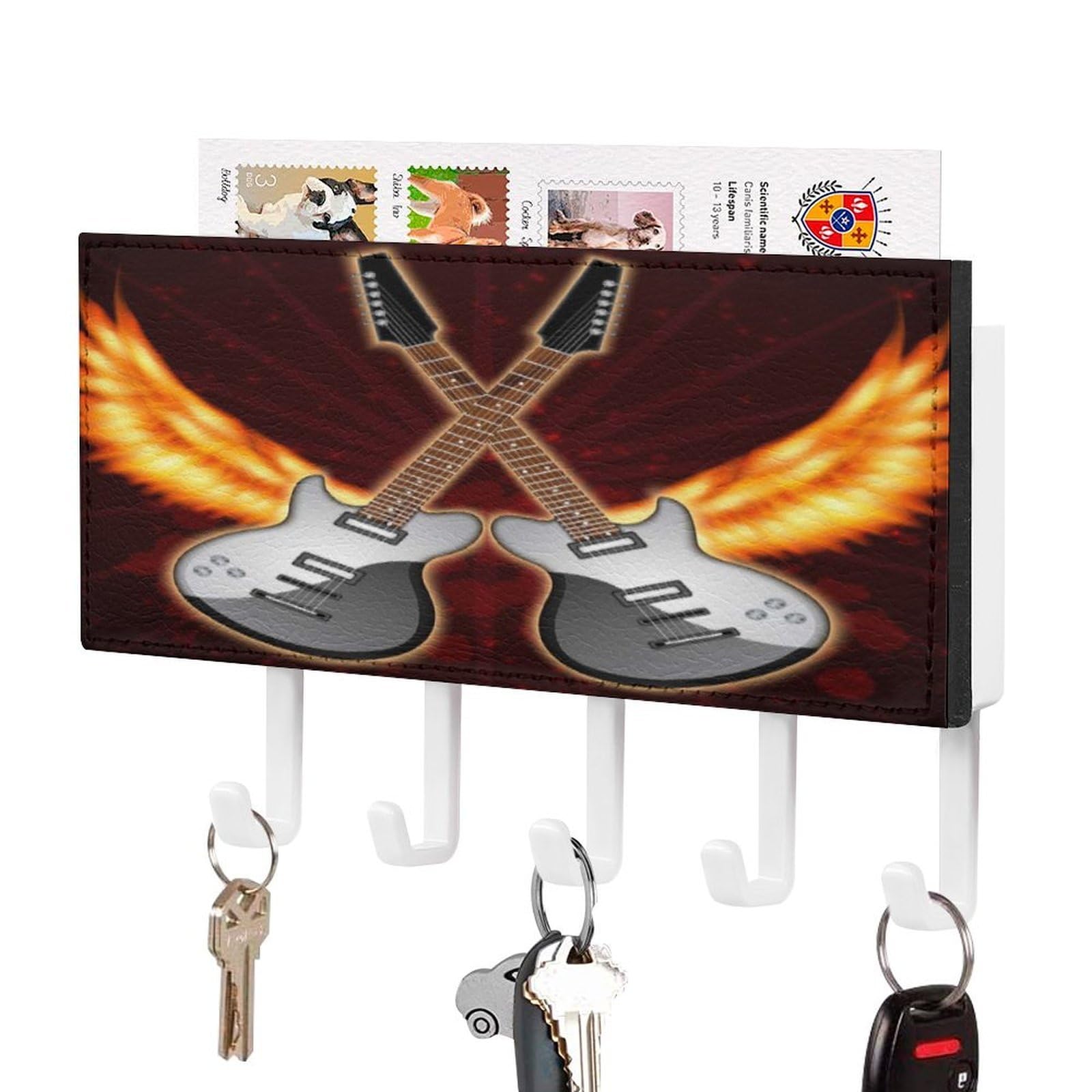 NCLQVJXZKHW Fire Electronic Guitar Key Holder with 5 Hooks Key Hooks Wall Mounted Key Racks Key Hanger Organiser Shelf