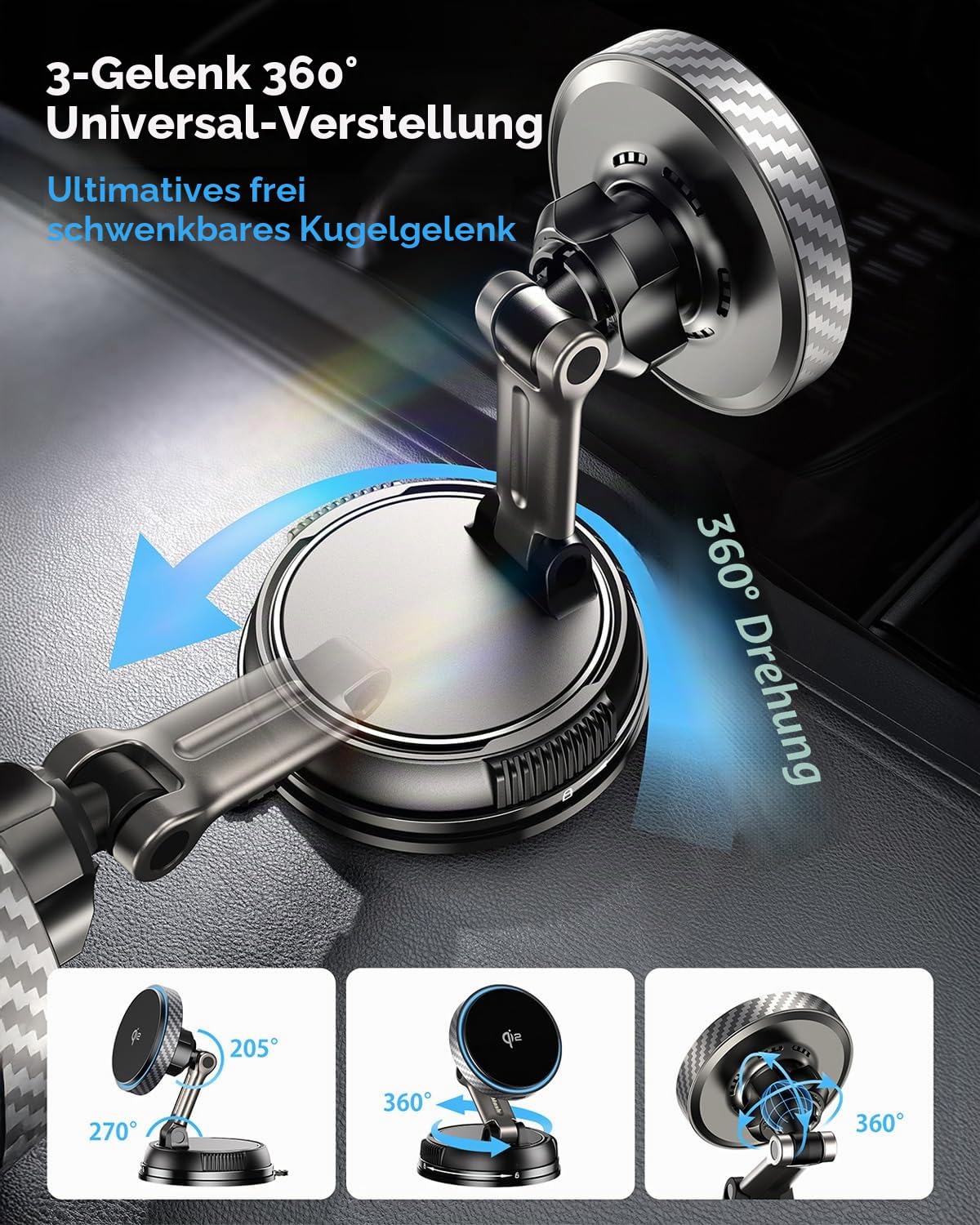 Qi2 15W Schnell Ladende für MagSafe Autohalterung mit Ladefunktion [78+LBS Stärkere Saugnapf], 360° Verstellbare Magnetische Handyhalterung Auto für Lüftung, Armaturenbrett, Windschutzscheibe