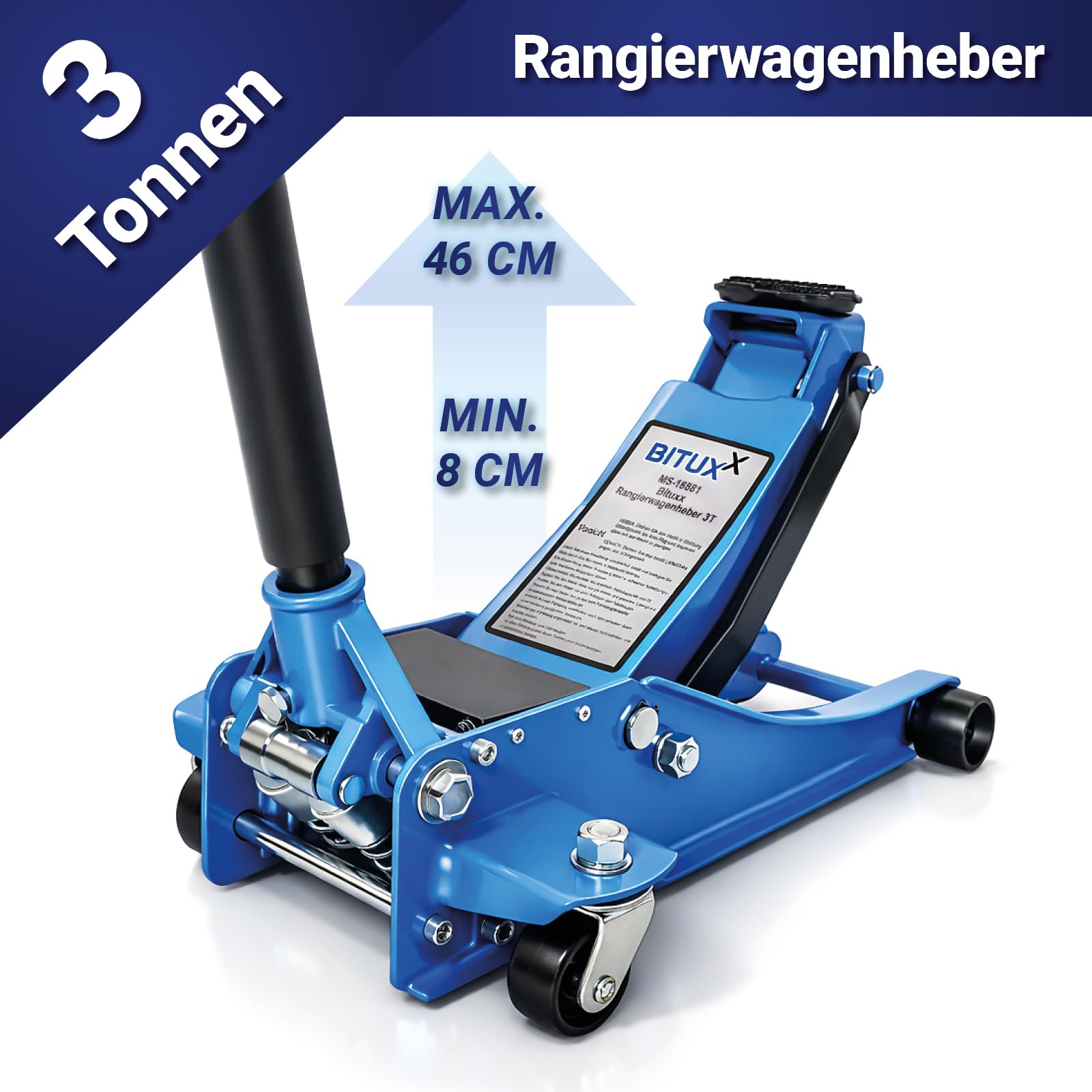 BITUXX Hydraulischer Rangierwagenheber 3T extra flach Wagenheber hydraulisch 3 Tonnen Hubhöhe von 8 cm bis 51 cm inkl. Gummiauflage und mit 2 Hydraulikkolben