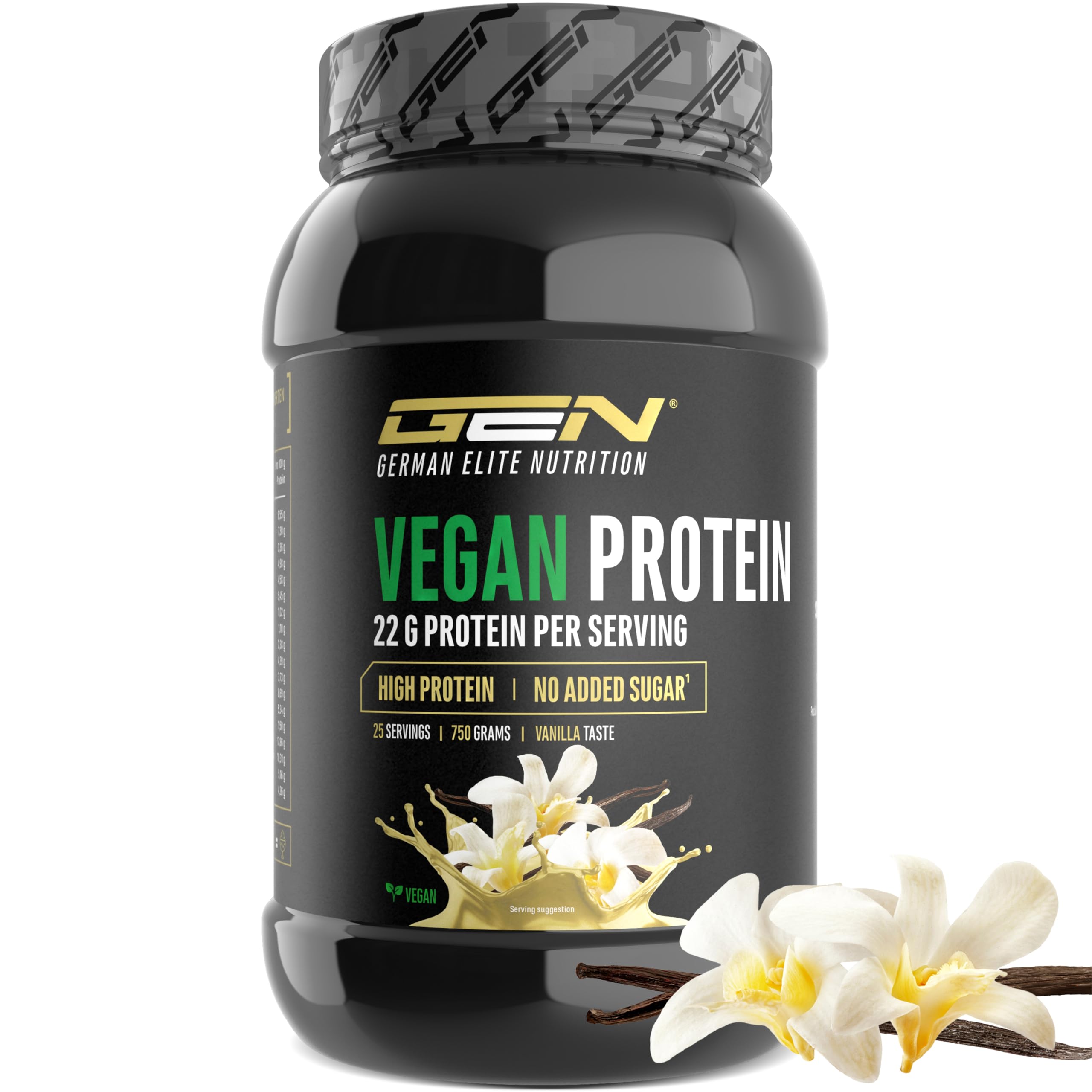 Proteine vegane in polvere - Proteine vegetali da piselli, riso, mandorle e canapa - Senza soia - Deliziose e cremose - (750 g, vaniglia)