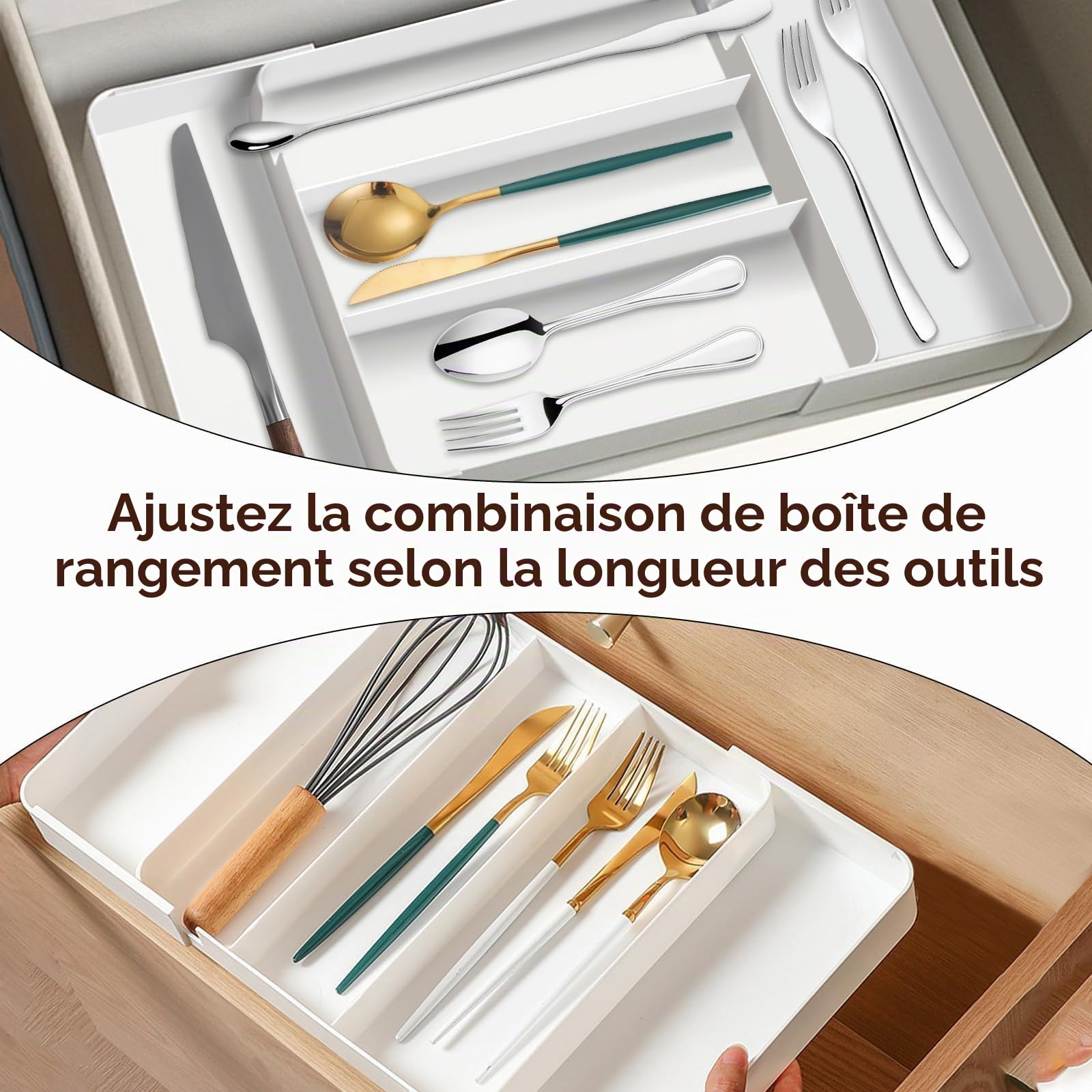 2 Pièce Range Couvert Tiroir Extensible, Rangement Couvert | Profondeur 27 cm, Extensible Jusqu'à 45,5 cm, Range-couverts Amovible, Organisateur Couverts Tiroir avec 5 Compartiments