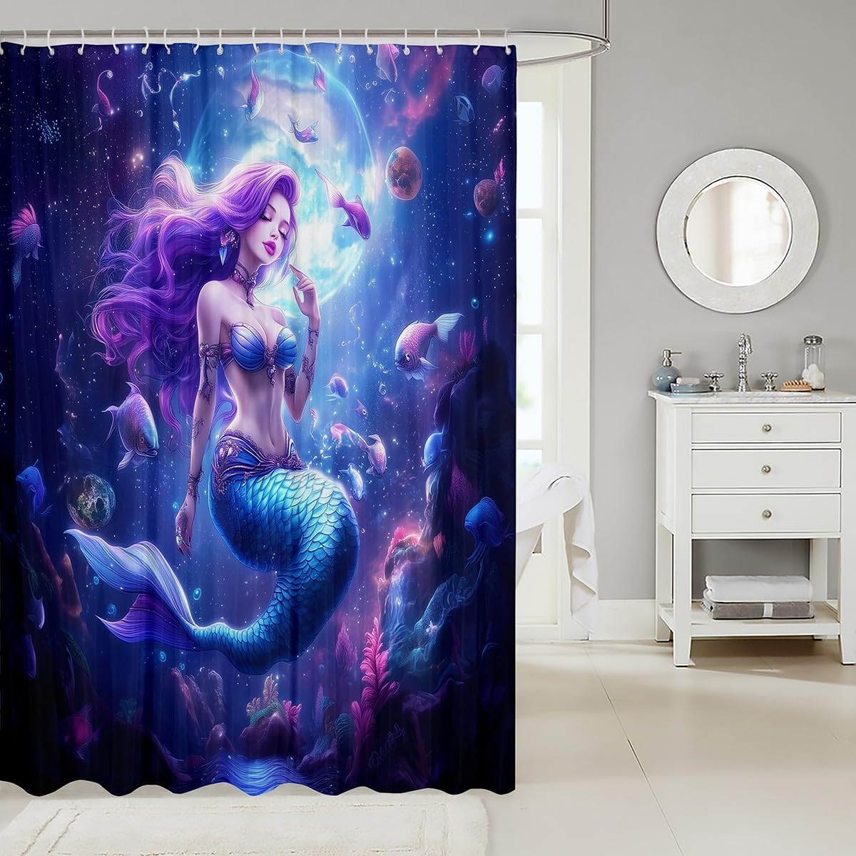 Manfei Mermaid Kids Shower Curtains,Fish Aquatic Plants Galaxy Bathroom Curtain,Magical Trippy Fantasy Home Decor,Blue and Purple Waterproof Curtains,12 Hooks Suits,72" W x 78" L