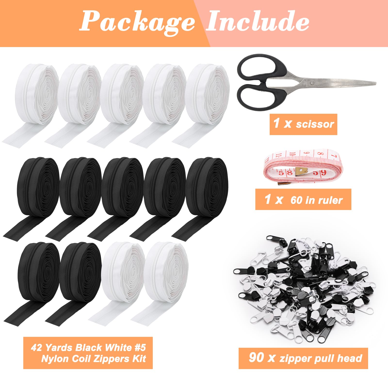 Cremalleras de bobina de nailon #5 de 42 yardas con cabezales de tracción de 80P, cremallera de doble cara 10P, tijeras, regla, cremallera de costura de varias longitudes para manualidades, cinta de