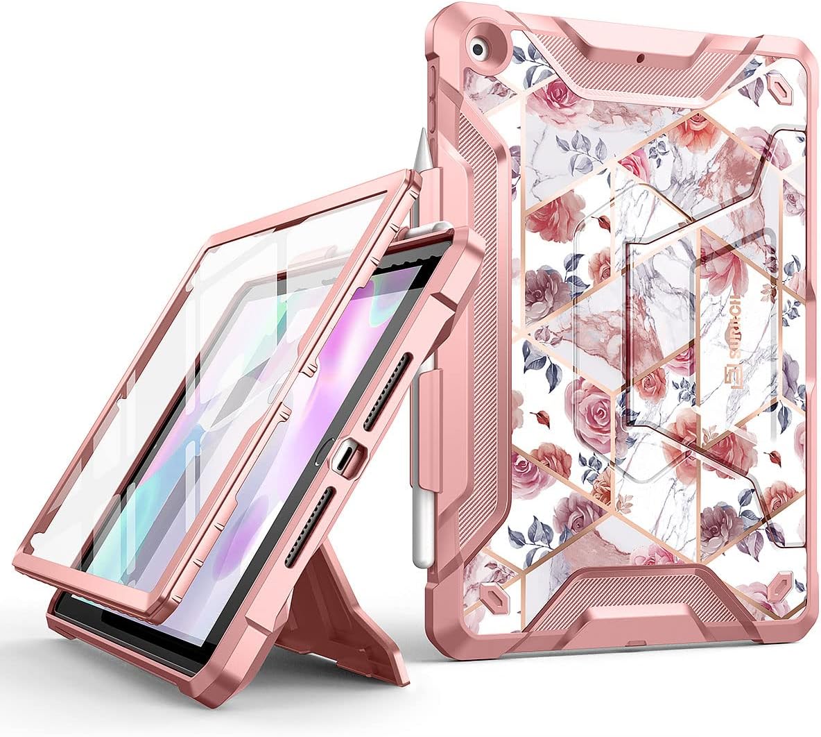 SURITCH for iPad 9th/8th/7th Generation Case 10.2-inch, Built in Screen Protector Pencil Holder Shockproof Rugged Full Body Protection Case with Kickstand for iPad 2021/2020/2019 - Rose Marble