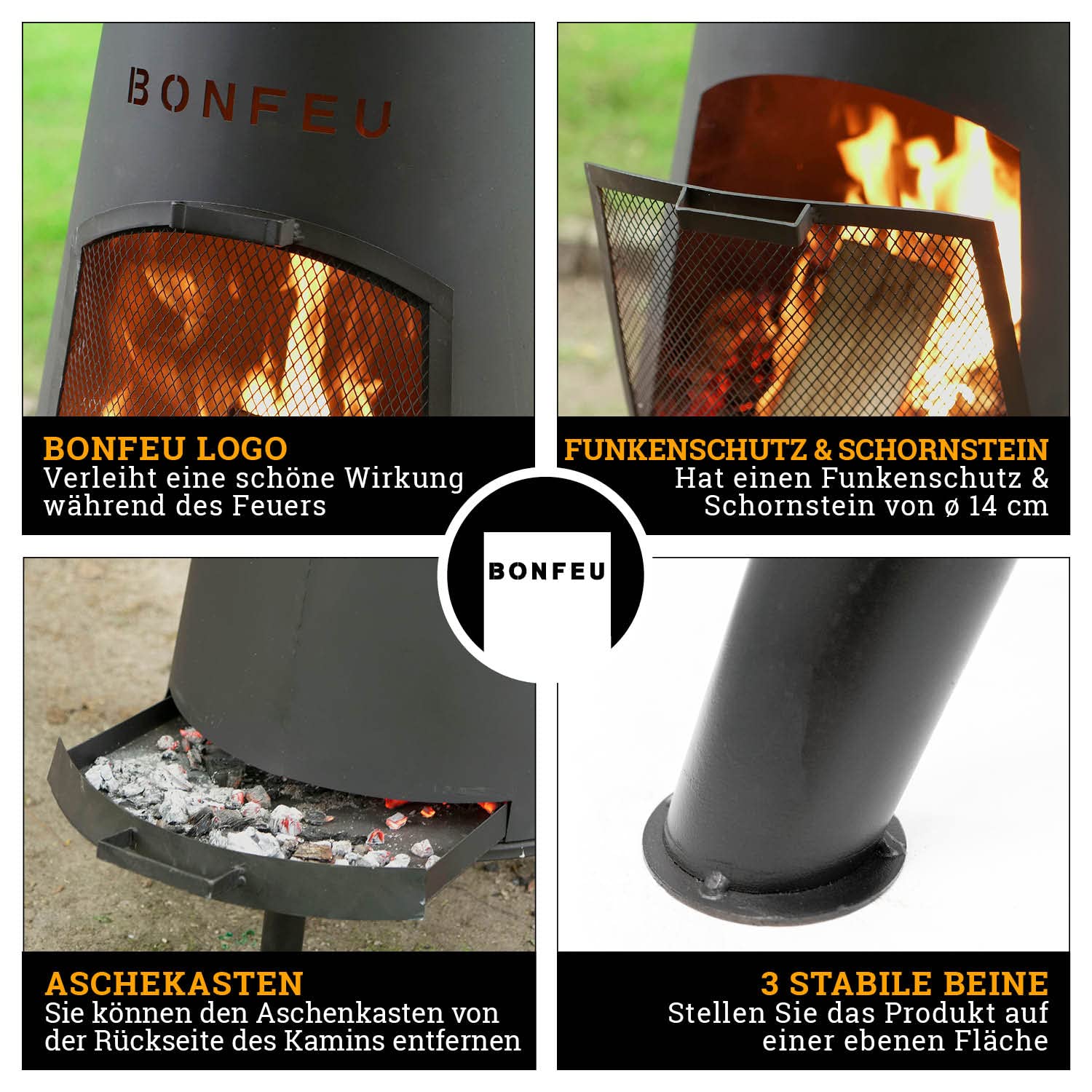 BonFeu BonPyra Schwarz - Terrassenofen - Feuerstelle mit Funkenschutz für entspannte Abende - Feuersäule Outdoor - Terrassenkamin mit Grillrost - Gartenofen hochwertigem Cortenstahl
