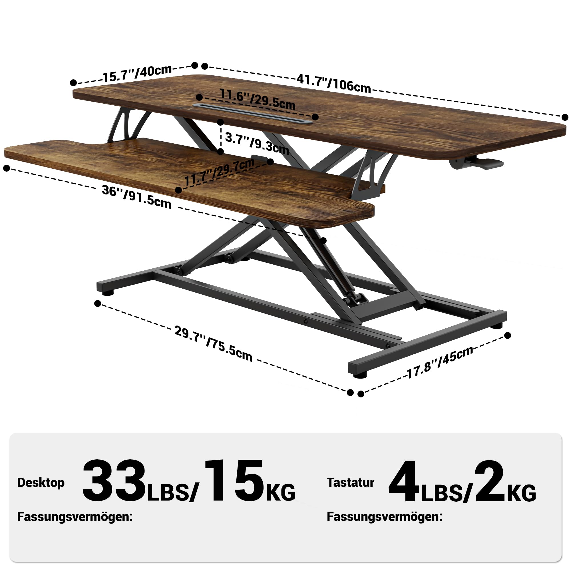 ERGOMAKER Steh-Sitz Schreibtischaufsatz Höhenverstellbar, Stehpult Aufsatz Schreibtisch 106 X 40CM Desktop Erhöhung mit Tastaturablage Für Zwei Monitore,Rustikales Braun