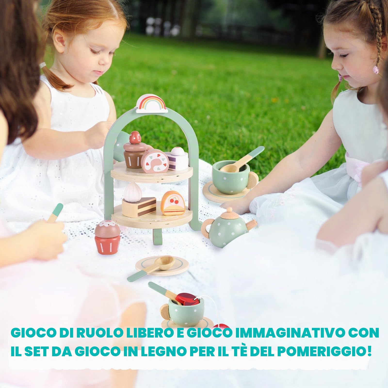 GAGAKU, Set da tè in legno per bambini e bambine, con accessori e cibo finto
