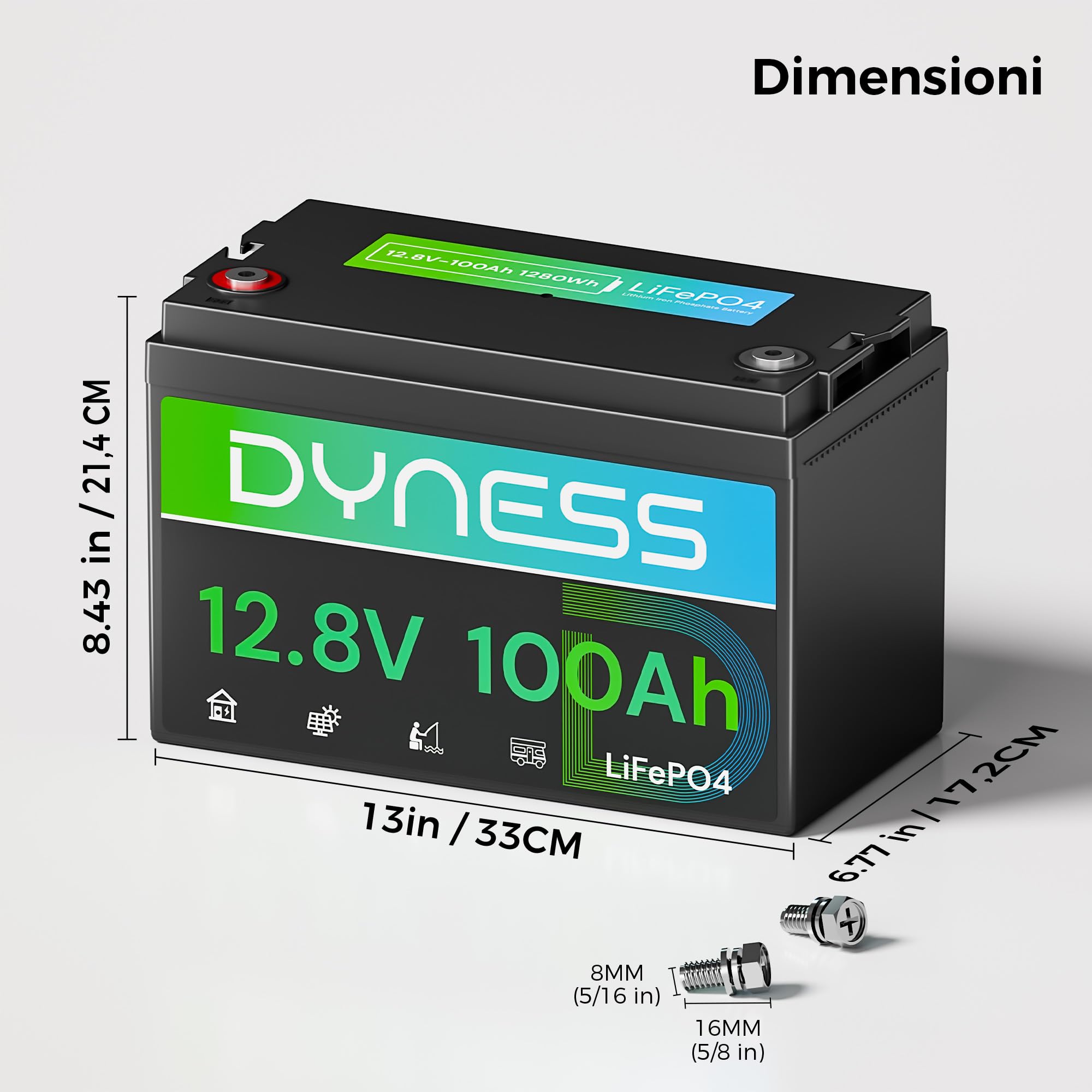 Dyness Batteria Litio 12V 100Ah LiFePO4 a Ciclo profondo con 100A BMS, Protezione Dalle Basse Temperature, Max. 15000 cicli, per Camper, Impianti Solari off-grid, Fotovoltaico Accumulo