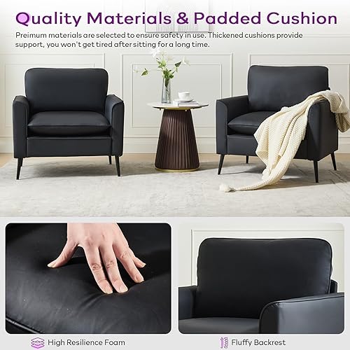 Miniatura 4 de TYBOATLE Juego de 2 sillas decorativas, sillas decorativas de cuero negro, silla cómoda para sala de estar, silla de lectura acogedora, sillas