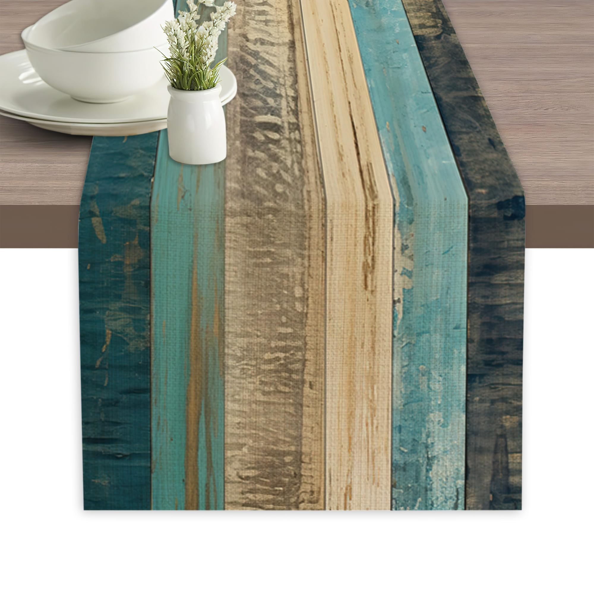 Retro Rustic Wood Plank Table Runner Linen Long Farmhouse Rustic TableRunner for Party Holiday Dining Room /Kitchen,13 x 70 Inches