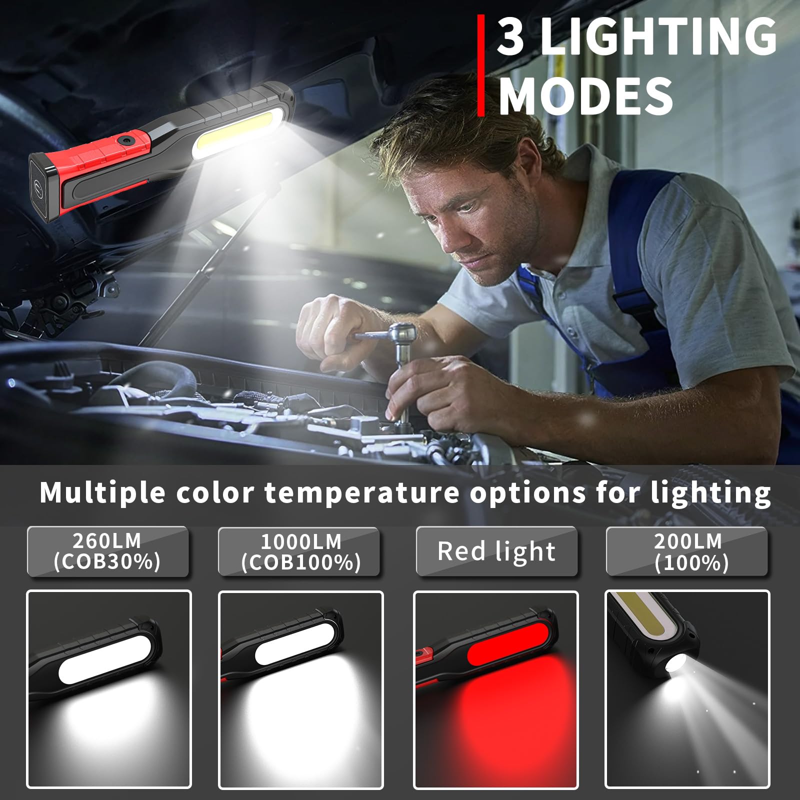 Lampe de Travail Rechargeable Puissante, 6000 mAh Lampe d'inspection avec Fonction Pivotante Pied Magnétique et Crochets, 5 Modes Lampe Mecanicien pour Garage Camping