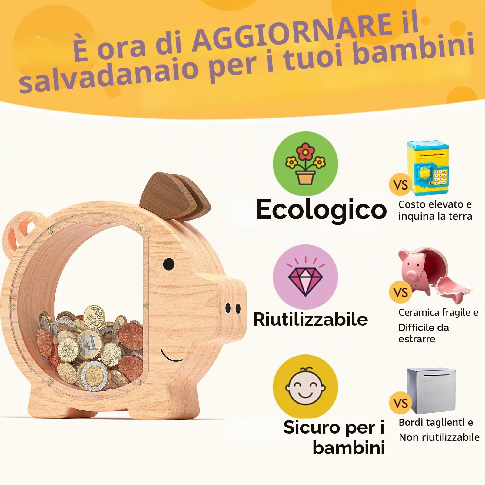 Summidate Salvadanaio in legno personalizzato per ragazzi ragazze bambini grandi banconote infrangibili cambio moneta barattolo risparmio di denaro regalo decorazione (L, salvadanaio in legno)