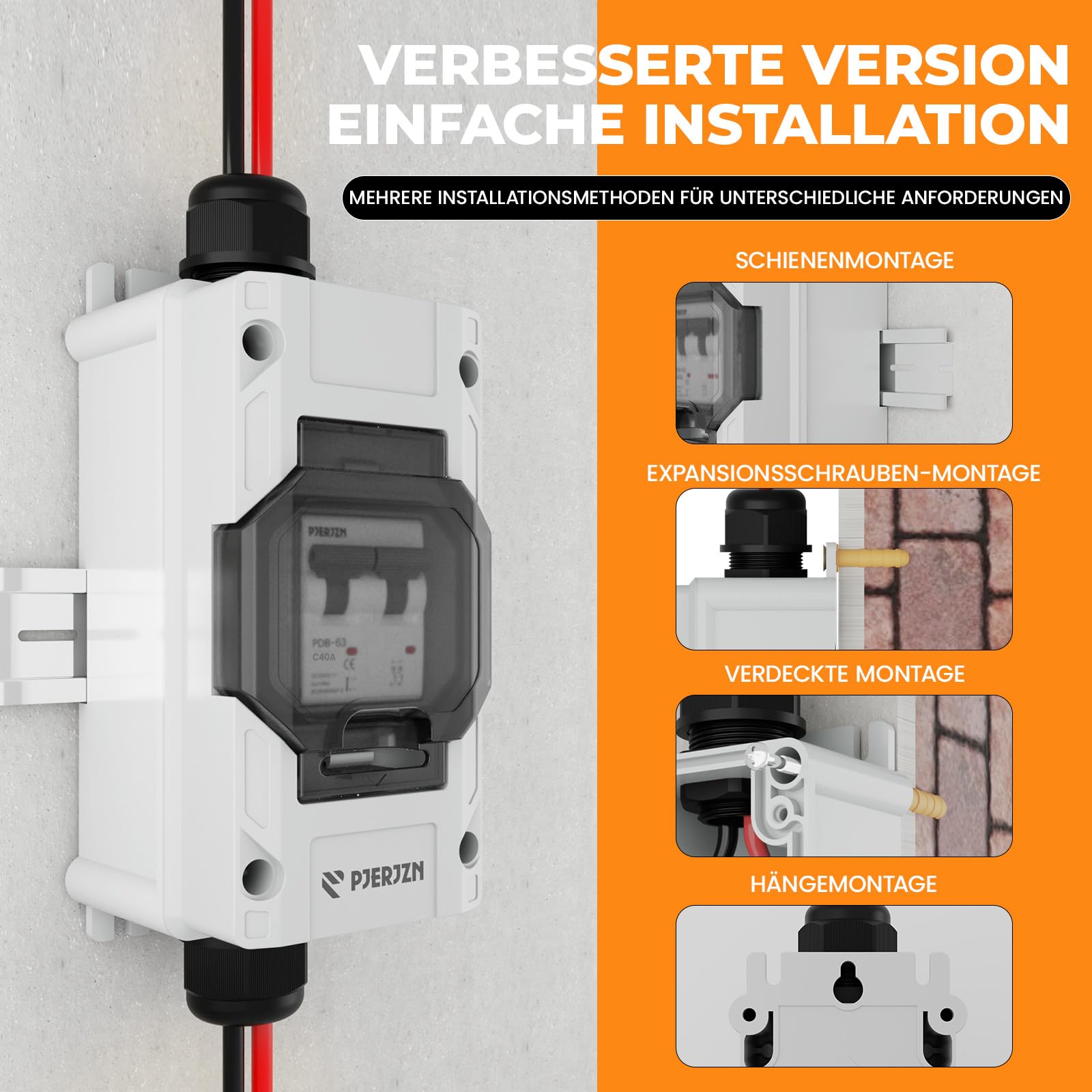 DC Trennschalter PV Anlage 1000V 40A 2P Sicherungsautomat mit Solarkabel | 2P Leitungsschutzschalter, thermomagnetisch, Kurzschluss, IP65, DIN Schiene, Kupferkontakte, Solaranlage, steckfertig