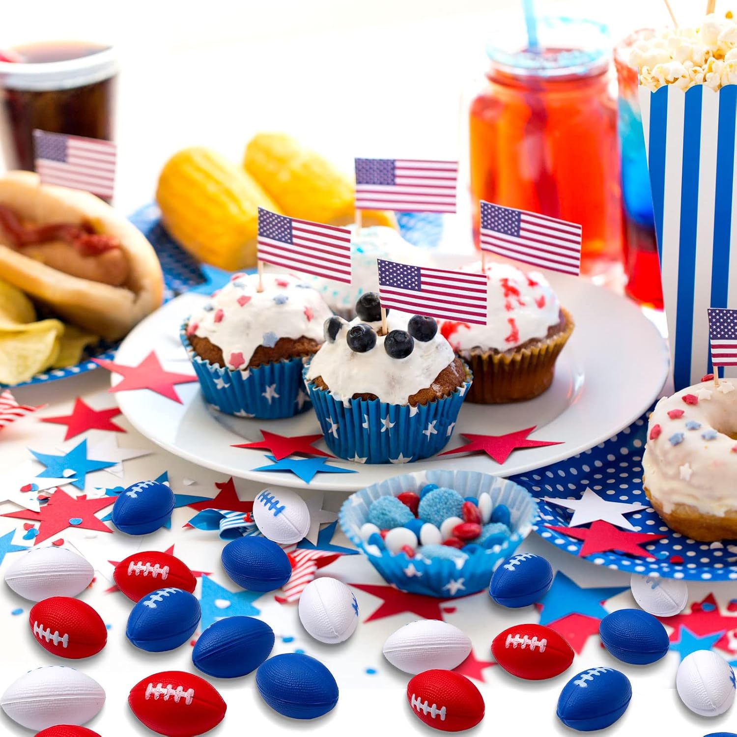 Hiboom 60 Pieces Patriotic Football Stress Ball Bulk Red White Blue Mini Foam Football Sports Stress Balls Mini Footballs for 4th of July Party Favors Carnival or Parade Throw