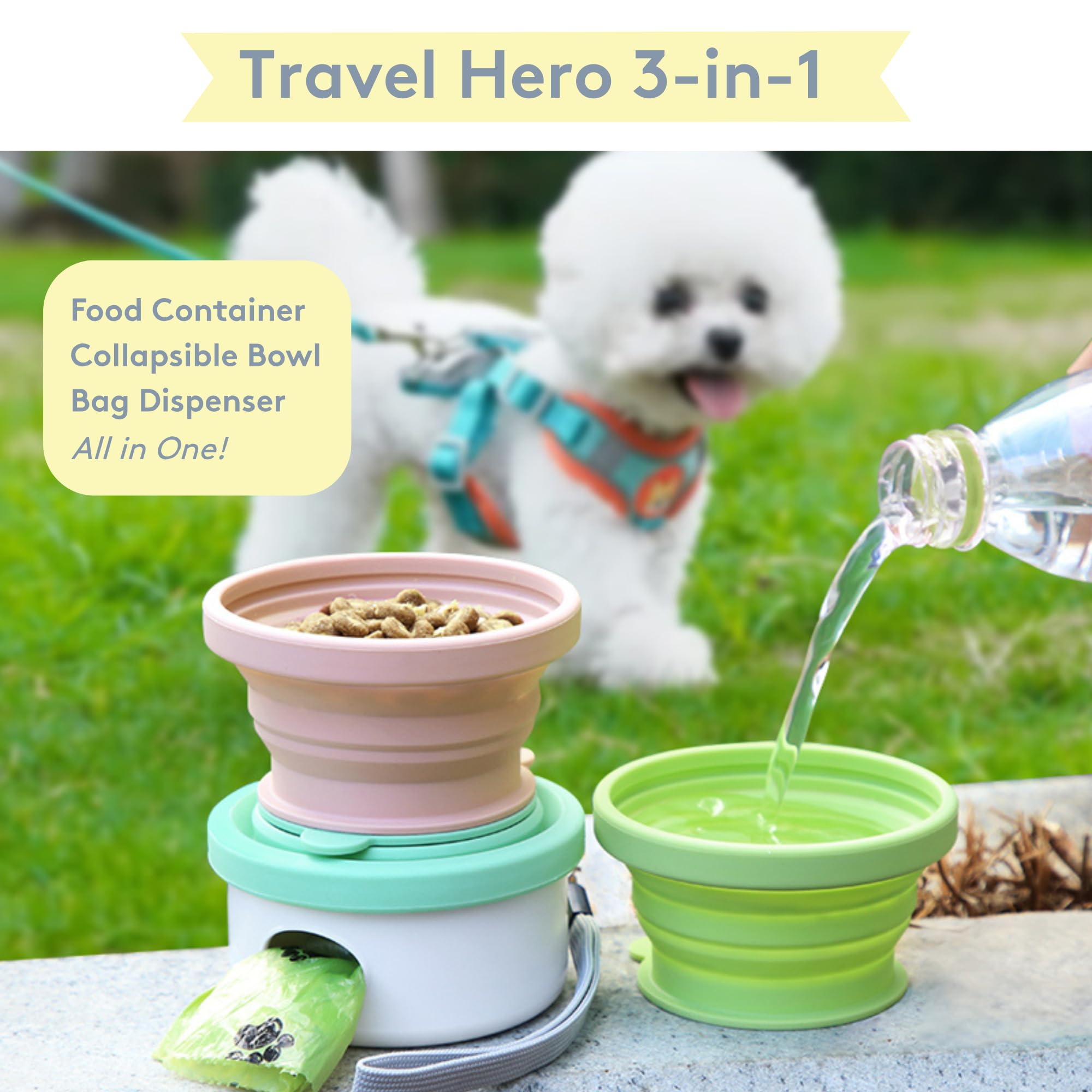 Sweet Paws Travel Hero Récipient portable 3 en 1 pour nourriture pour animaux de compagnie, bol d'eau en silicone et distributeur de sacs à déjections canines en un, rose pâle