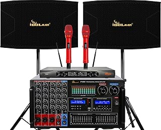 Home Karaoke System 8000W Console Mixing Amplifier with 1500W 12-inch Speakers and Dual Advanced Technology Wireless Microphones System with Bluetooth, Optical Input