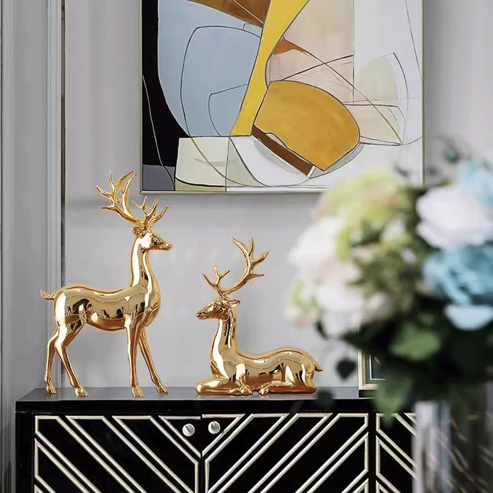 Wystrój Statuy Dwuczęściowy zestaw dekoracji szafki RTV Elk, lekki luksusowy wystrój domu, proces galwanizacji salonu, dekoracja na wino Figurka artystyczna(Rose gold)