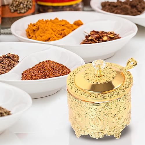 Miniatura 4 de Uonlytech Azucarero turco con tapa y cuchara para condimentos, caja de condimentos, caja de sal dorada en relieve, tarro de caramelo para cocina,