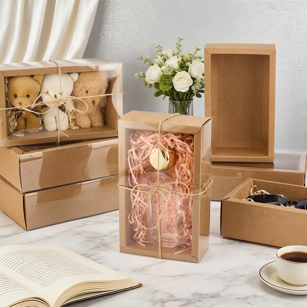 BENECREAT 12 set di Scatole Regalo con Cassetto Da 12x12x5cm, Scatola di Presentazione Marrone Chiaro con Finestra In Plastica, Scatola di Cartone per Matrimoni, Compleanni Ed Eventi