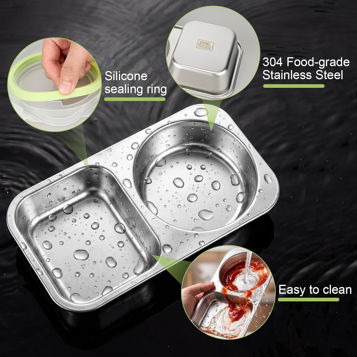 Blushtier 4 Pack Stainless Steel Snack Containers with Lids, 13.5 oz 2 Compartment Reusable Metal Snack Boxes, Leakproof Divided Food Storage Containers for Travel Office (Green)