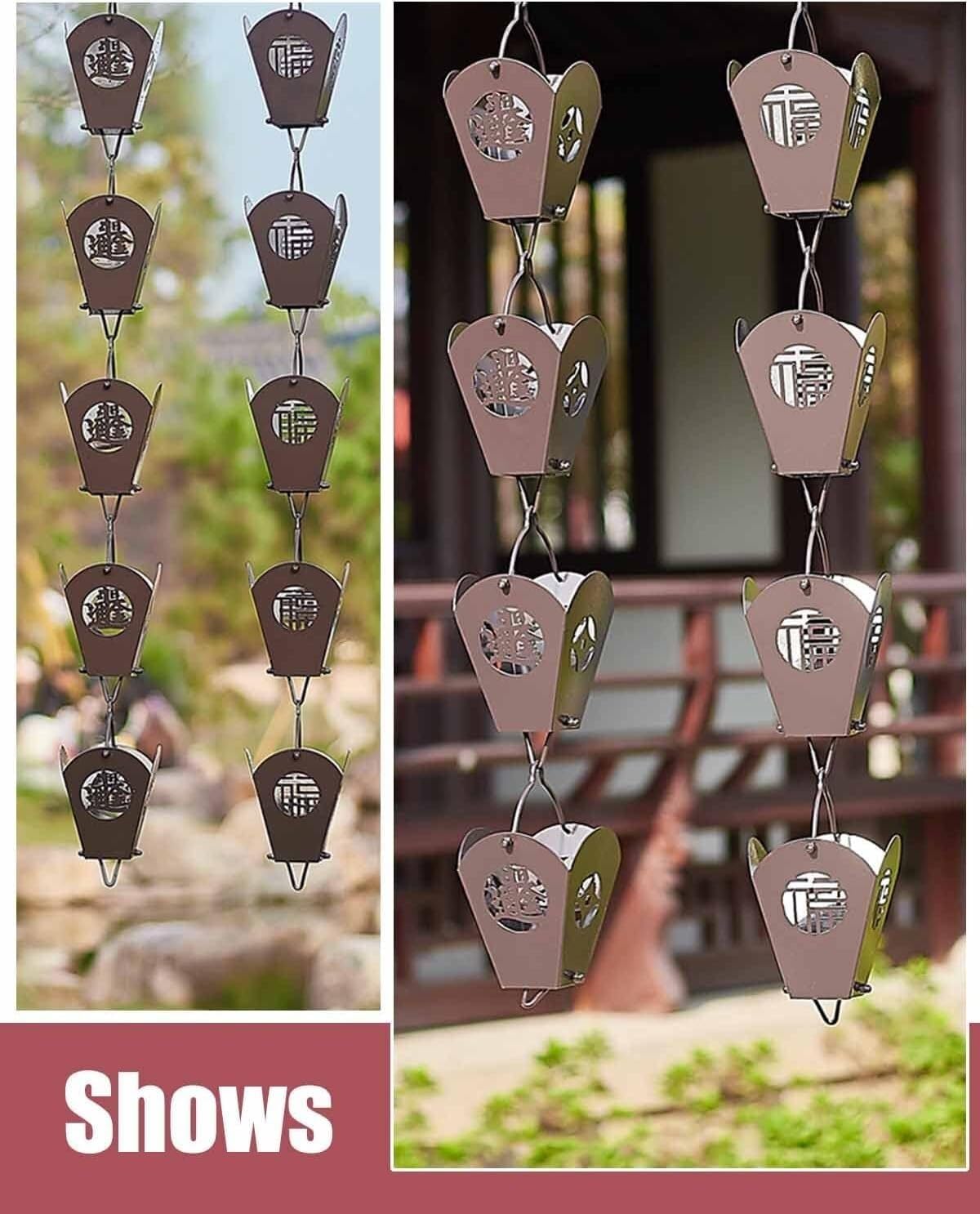 Rain Chains Roof Gutter Rain Chain, Metal Rain Chains with Hollowed Out Chinese Characters, Rainwater Catcher Rain Chime(Style1,1.5m/5ft)