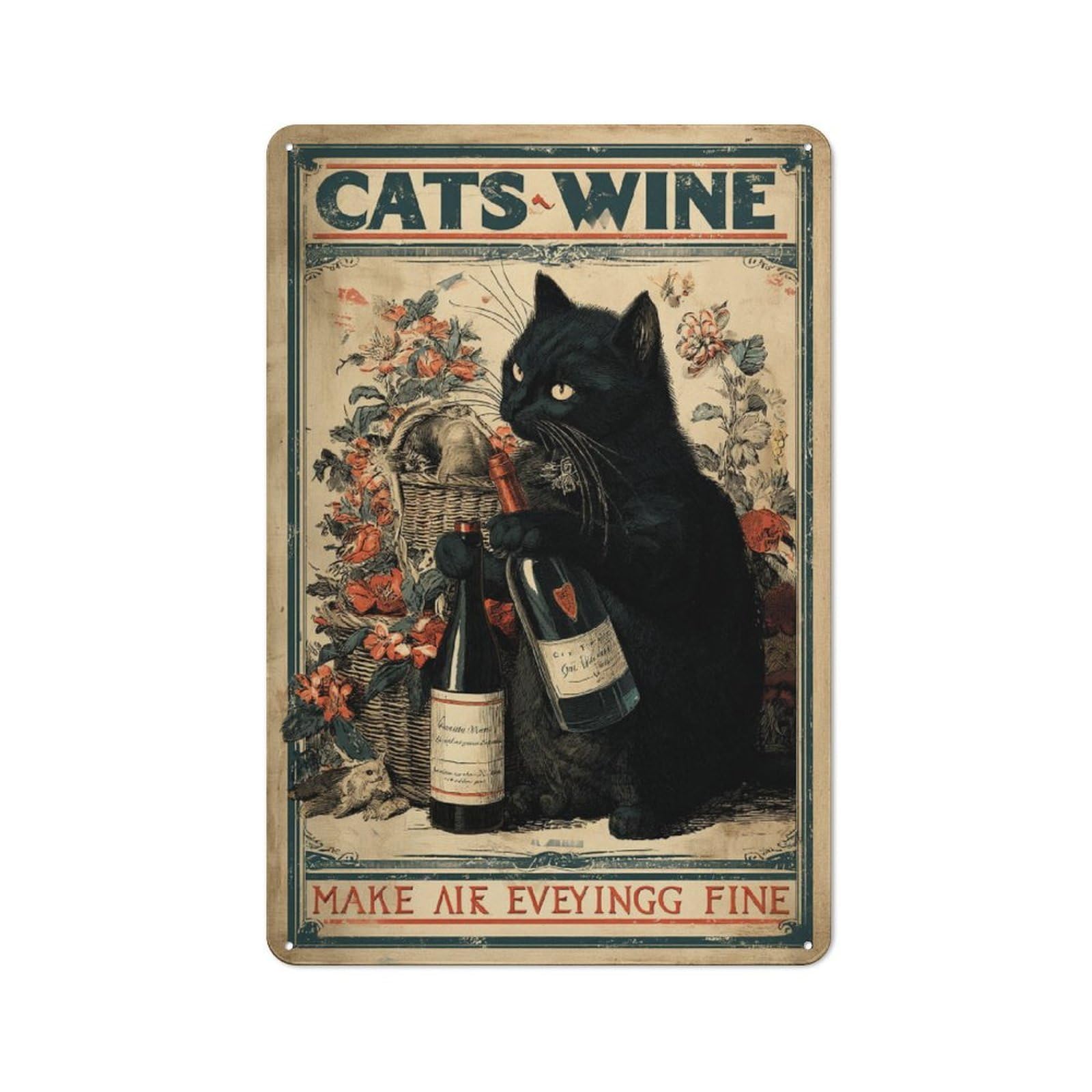 Junmoney Cats & Wine Printed Metal Sign 30X20cm For Studio Or Craft Room, For Creative-Space Collectors