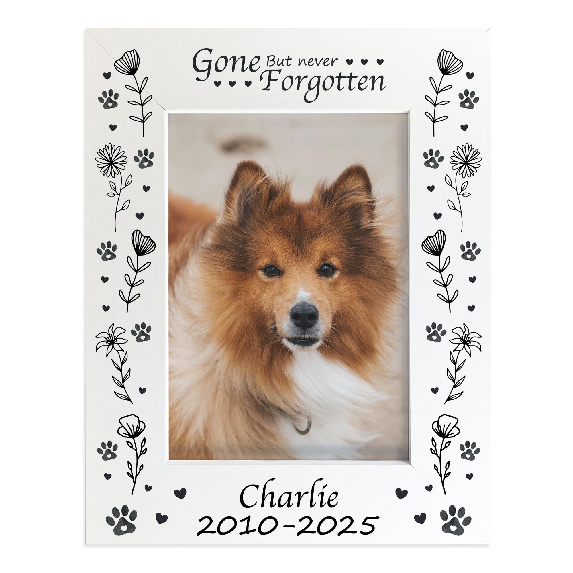 RED OCEAN Personalised Pet Memorial Photo Frame 7x5, Dog Memorial Frame with Name and Dates, Gone But Never Forgotten Pet Loss Gift, Wooden White Dog Remembrance Frame