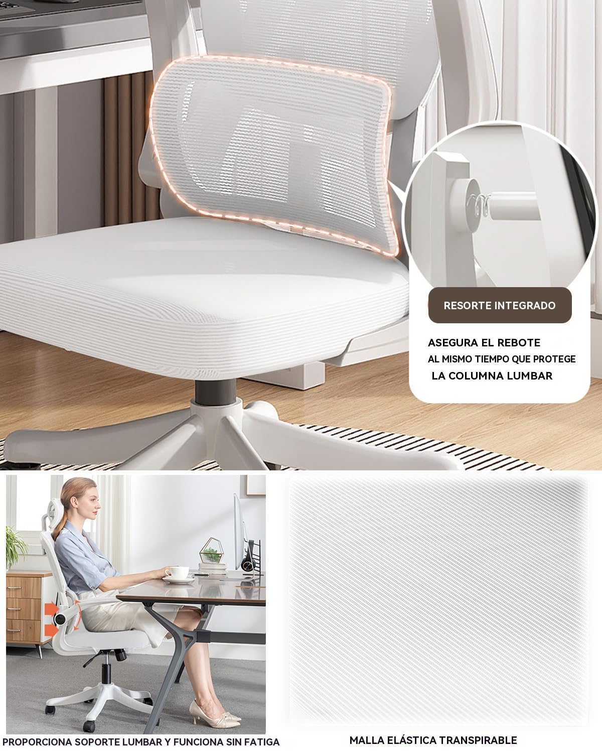 Silla de Oficio con Malla,Silla de Juego Ergonómica de Respaldo Alto con Ruedas y Reposacabezas Ajustable,Brazos Abatibles Cómodos para Hogar,Dormitorio,Estudio(Blanco)
