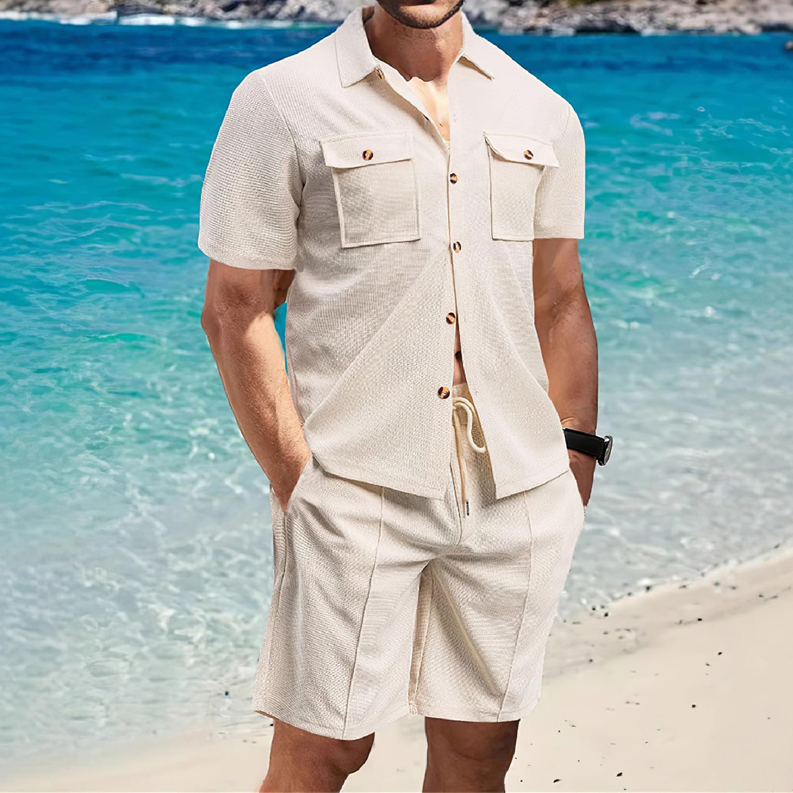 amropi Hommes Manches Courtes Survêtement Gaufre Chemise Haut à Boutons et Shorts Été Ensemble de Tenue