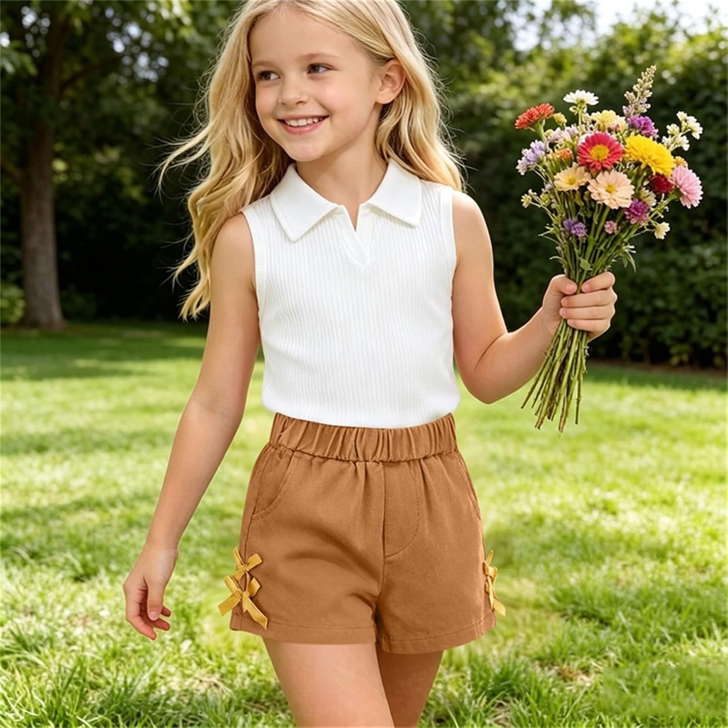 Summer Tank Two Piece for Girls Sleeveless V-Neck Lapel Tank Top High Elastic Bow-tie Shorts Daily Clothing Set