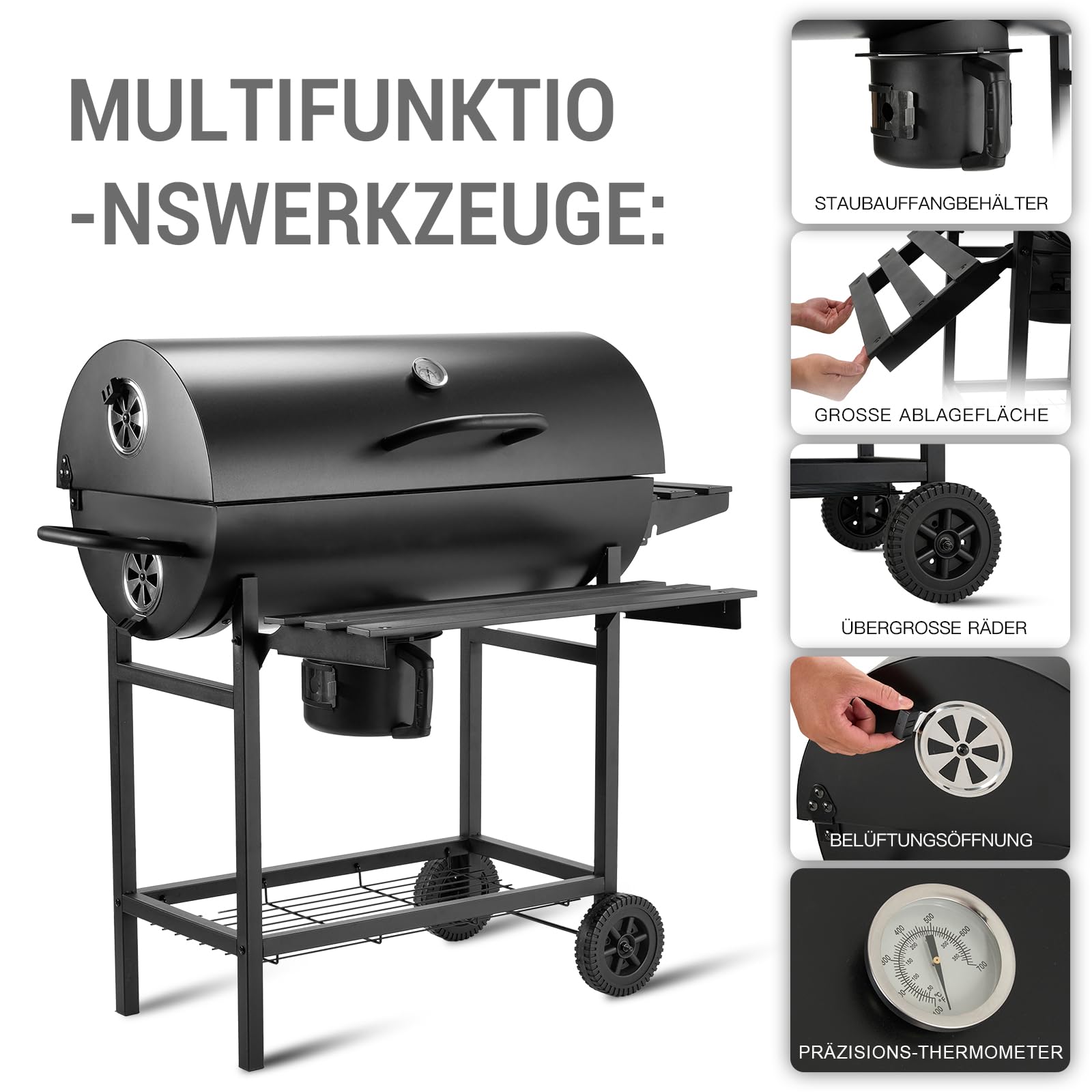 TEENO Barbacoa de carbón, Parrilla Barbacoa con Rejilla de Cocción XXL, Guantes Antigrietas, Termómetro, Cajón de Cenizas, Ventilación Regulable, Gran barbacoa de Carbón de Madera (Basic)