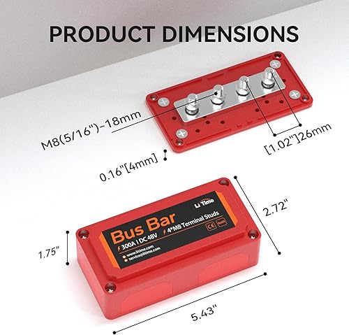 Miniatura 2 de Litime Barra de bus 300A, bloque de distribución de energía con postes terminales 4* M8, Max. DC 48V para automoción, marina, aplicaciones solares y