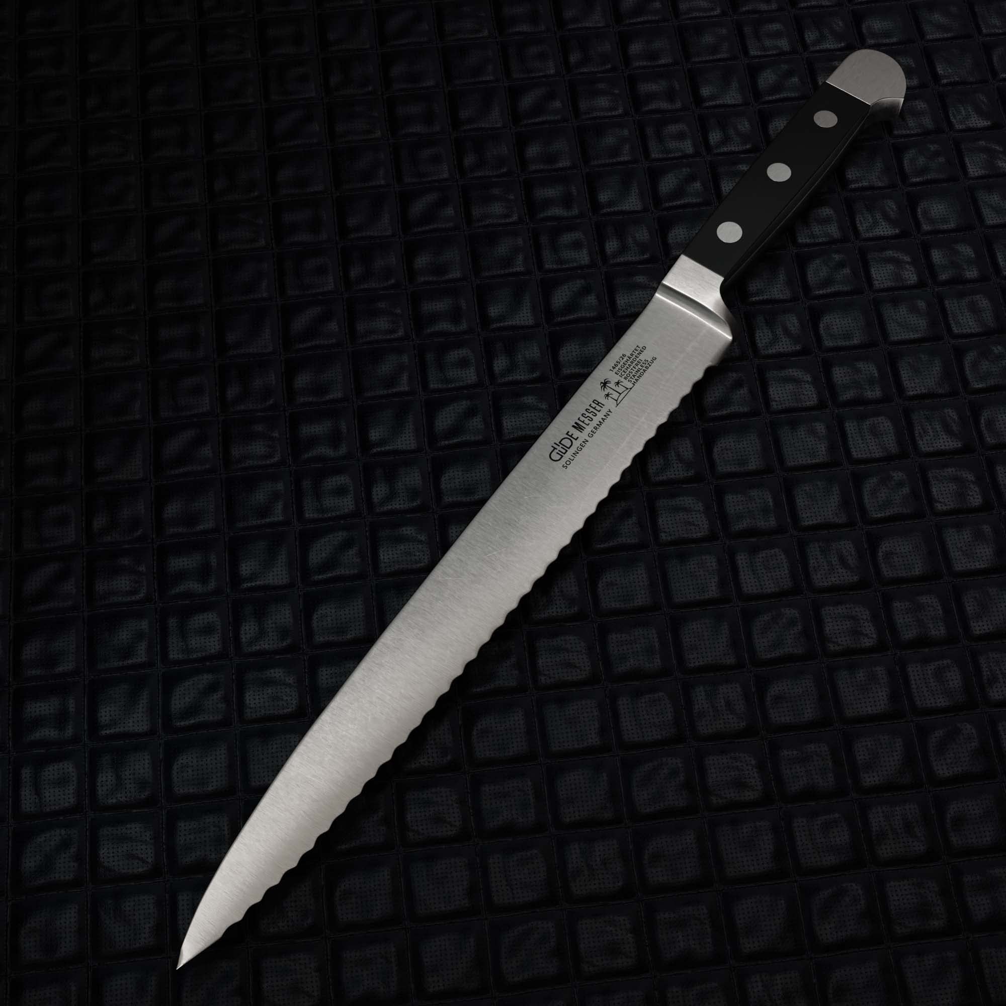 GÜDE Solingen - Couteau à jambon manche forgé, 26 cm, POM noir, ALPHA - couteau à découper, double mitre, fabriqué à la main en Allemagne