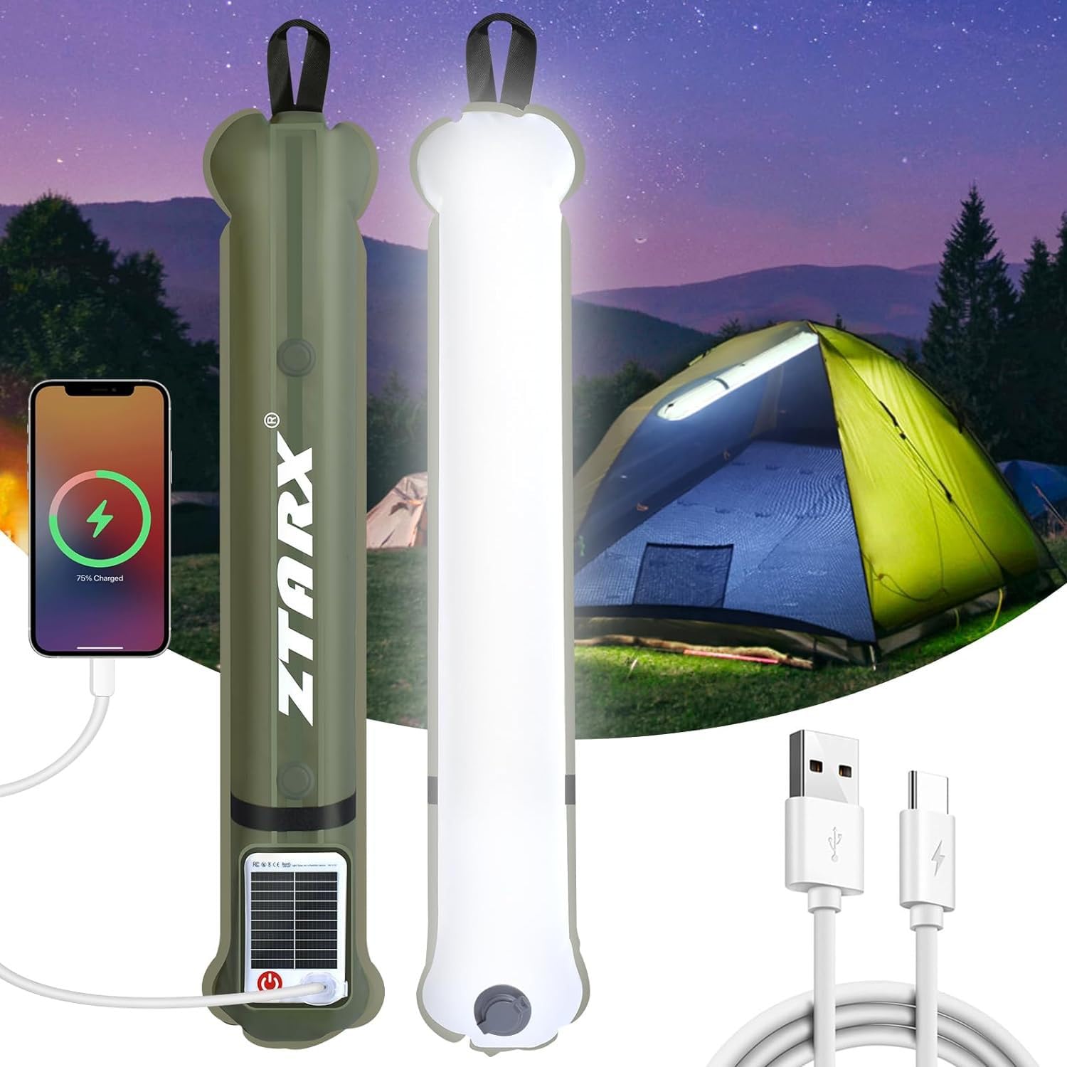 Solar/Type-C Rechargeable Camping Light Bar, IP66 Waterproof LED Tube, TPU Ultralight Electric Light, 2000mAh Foldable Inflatable Outdoor Tent Light for Camping, Hiking, Traveling, Party (USB&Solar)-image-17
