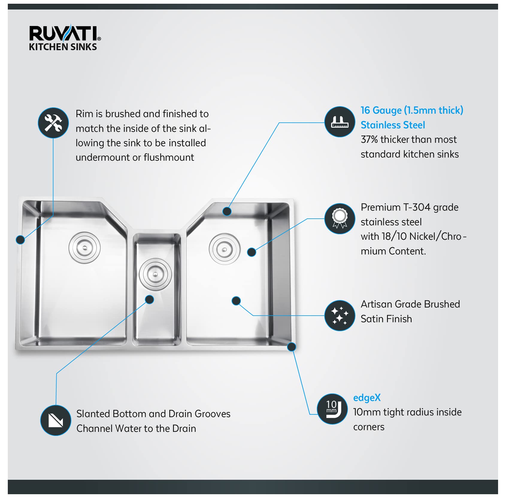 Ruvati 35 Triple Bowl Undermount 16 Gauge Stainless Steel Kitchen Sink - RVH8500 product thumbnail 5