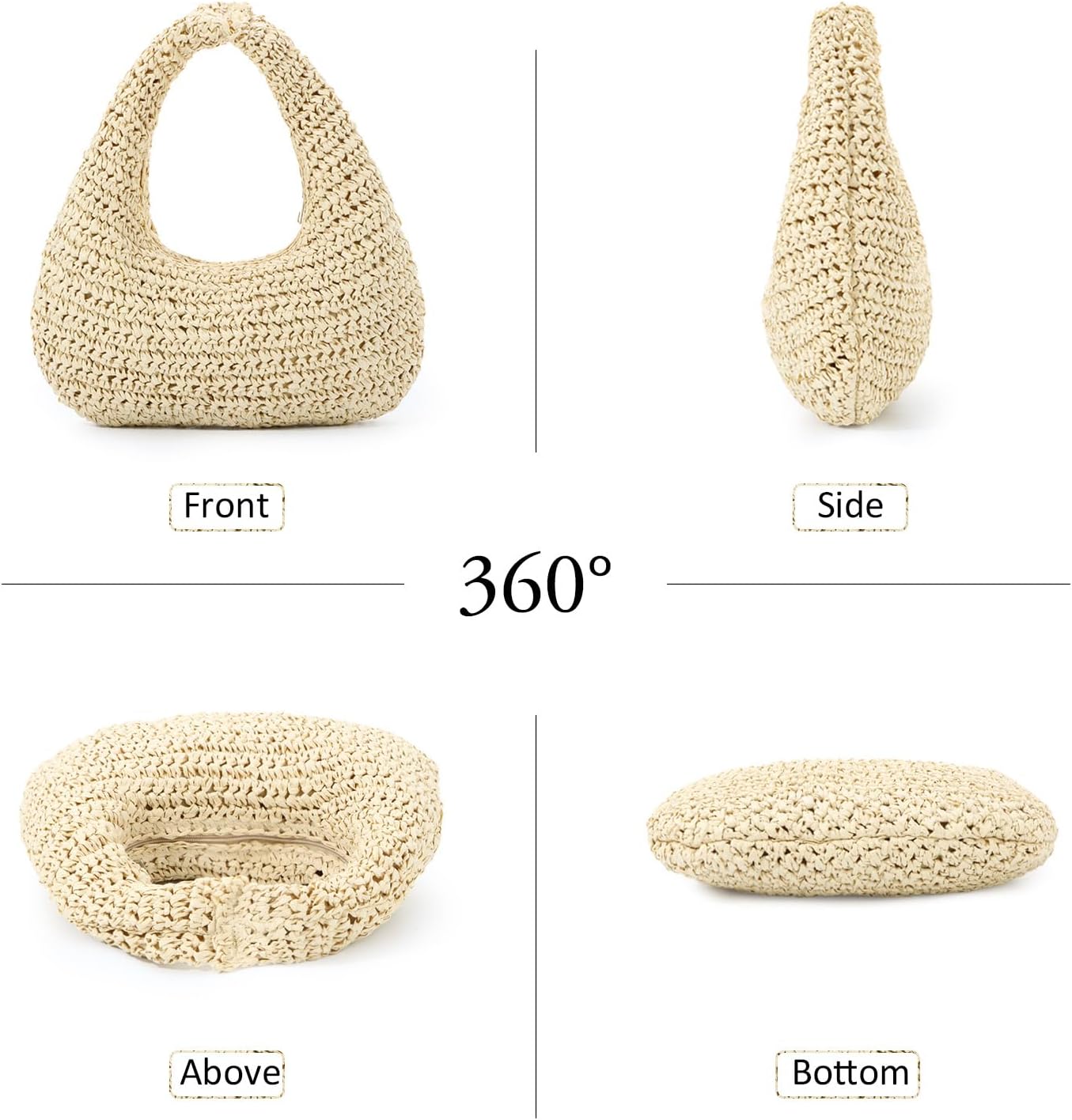 Fecialy Straw Bag for Women Crescent Shoulder Handbag Straw Summer Beach Tote Handbag Raffia Woven Hobo Bag - Image 4