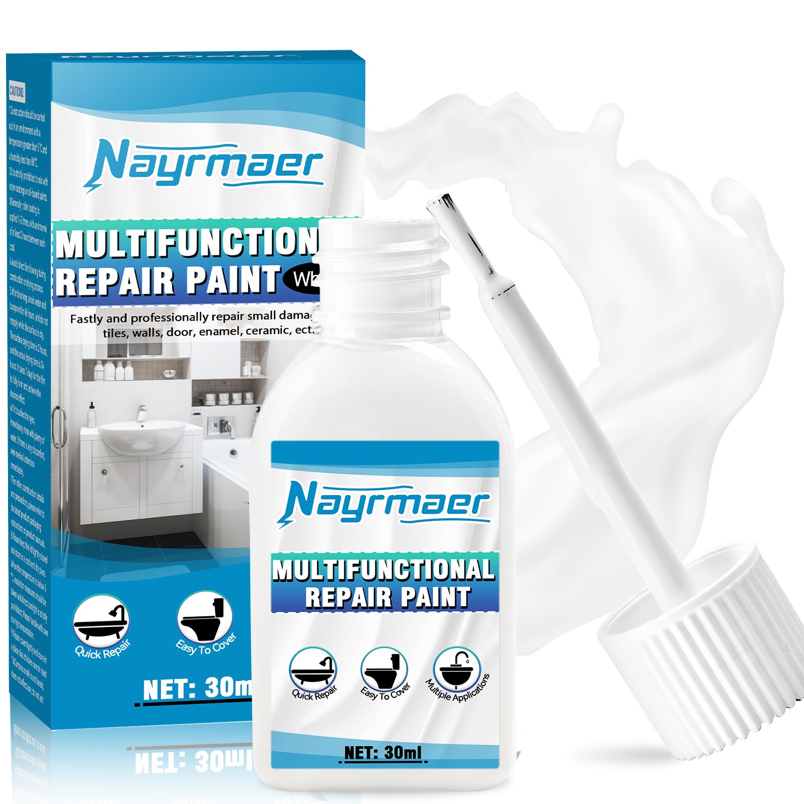 Nayrmaer Touch Up Paint Pen, 30ml White Bathroom Paint for Repairing Scratches, Marks and Stains, Enamel Paint Suitable for Kitchen, Bathroom, Fridge, Shower, Sink