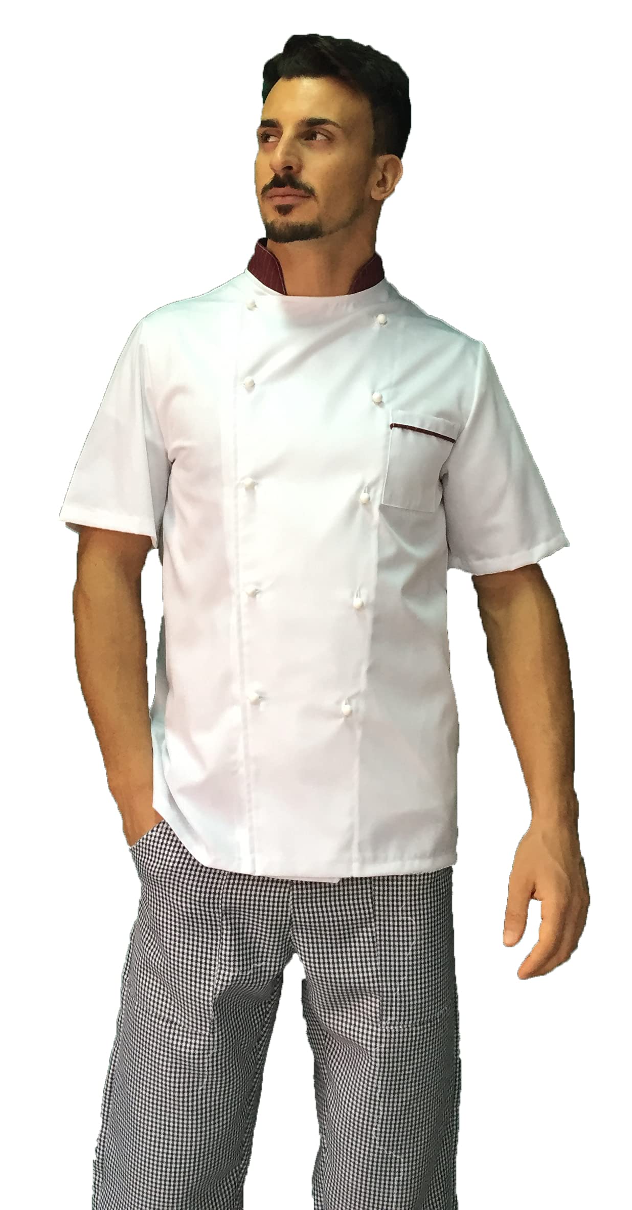 Bordado gratis - Conjunto de cocinero para hombre - Blanco/Burdeos y Pied de Poule - Uniforme Chef de manga corta - Chaqueta, pantalones y delantal - Algodón - Uniforme para cocina y